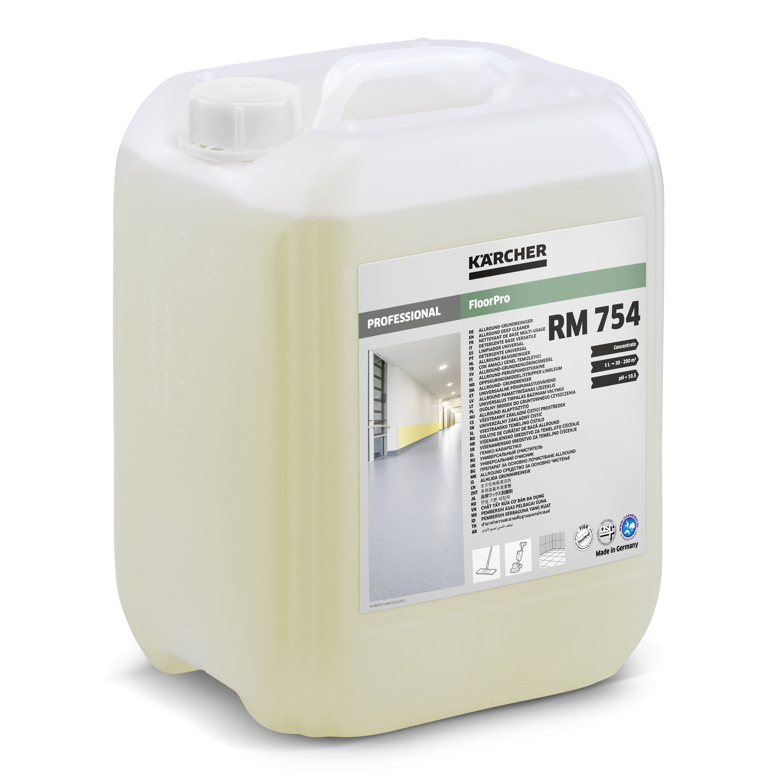 Recipient de detergent Kärcher RM 754, cu etichetă detaliată și capac alb.