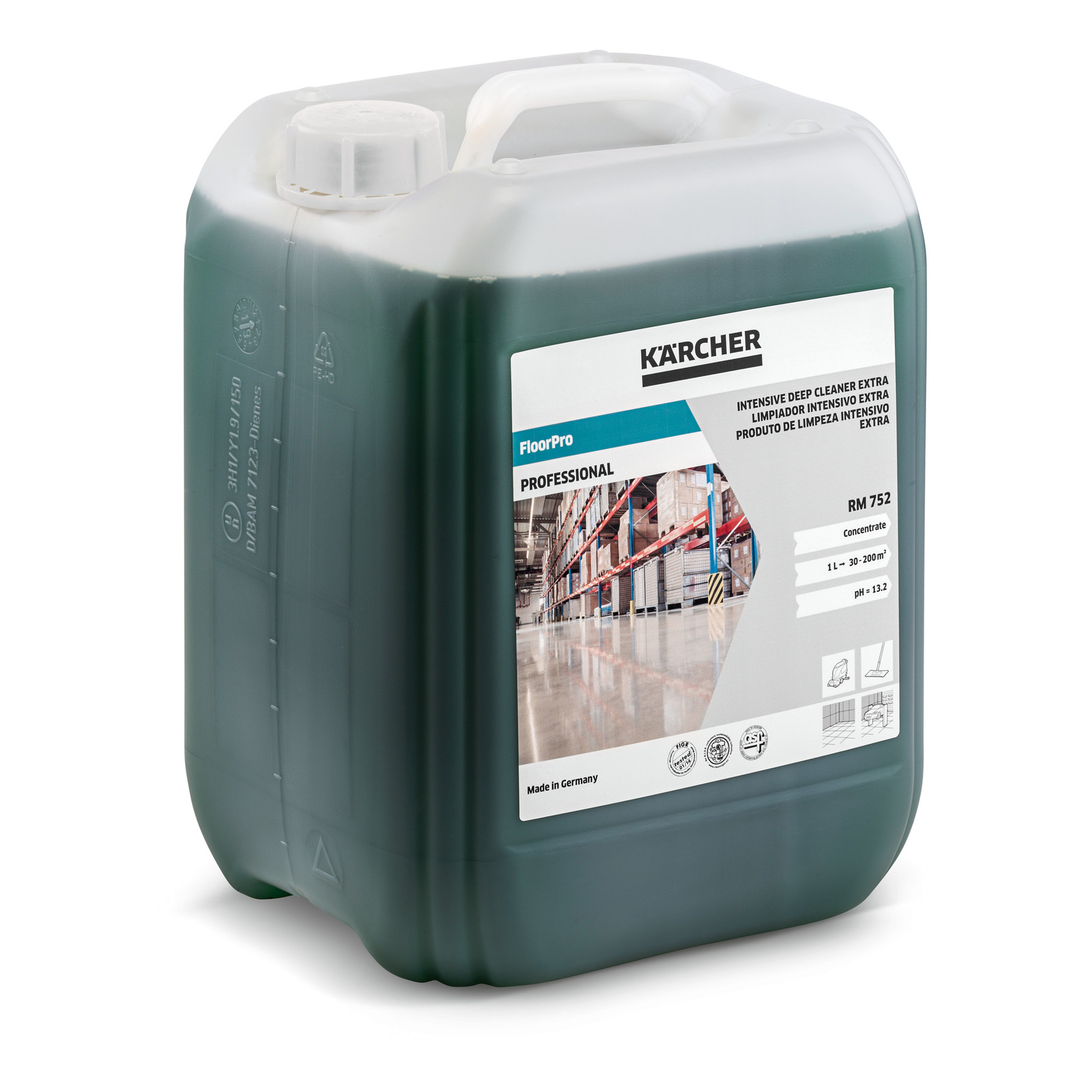 Kärcher FloorPro RM 752 container with label showing warehouse image and product details.
