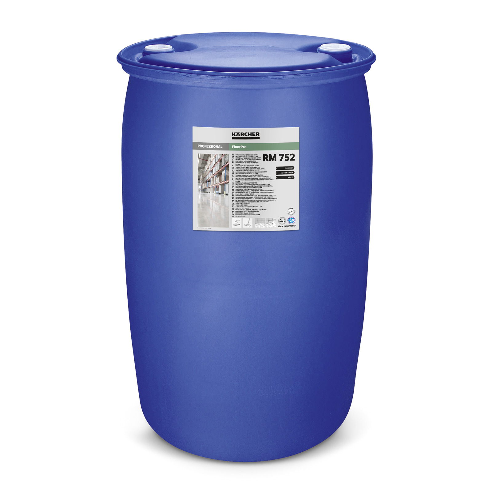 Blue plastic barrel with a Kärcher RM 752 label, featuring product details and images. Blue plastic barrel with a Kärcher RM 752 label, featuring product details and images.