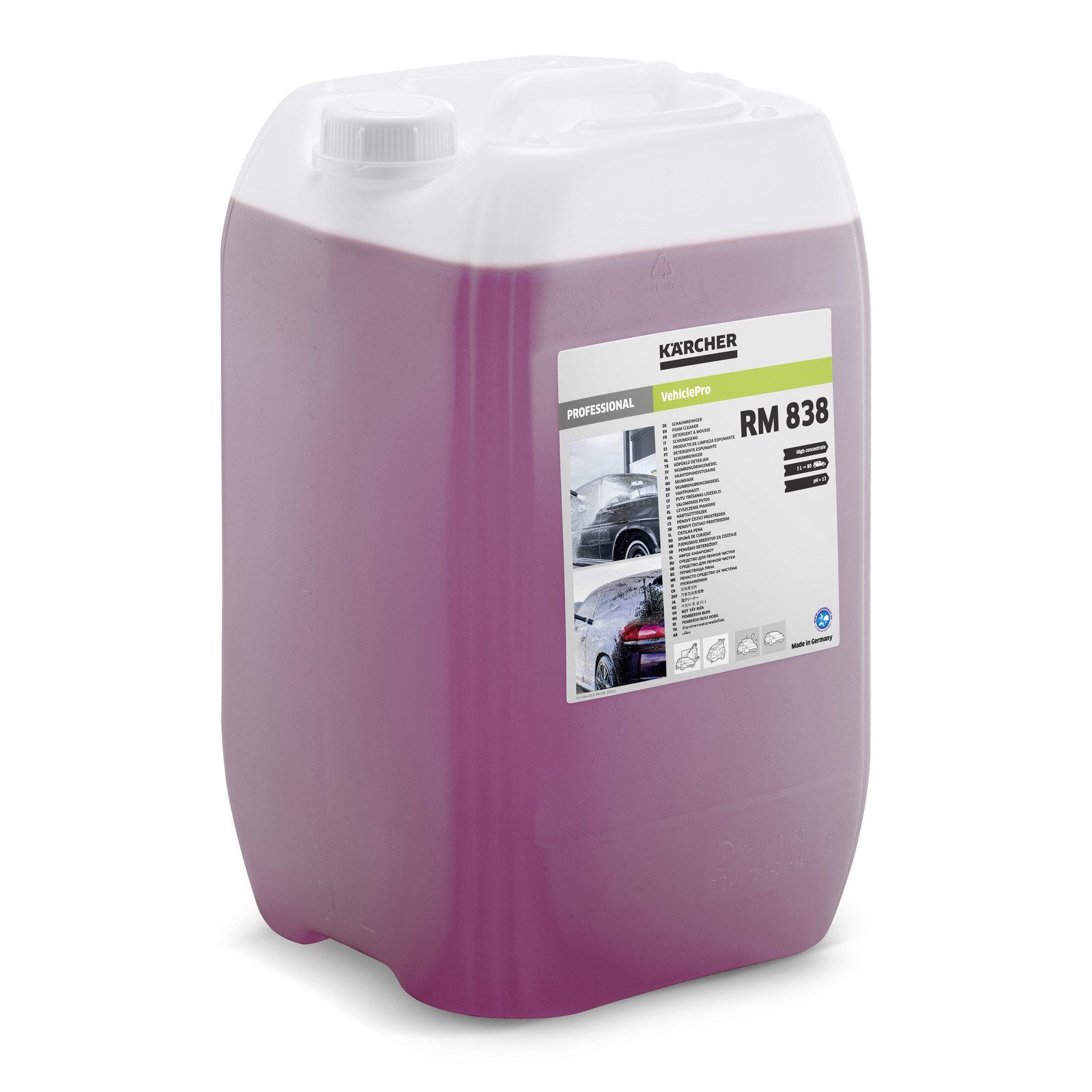 Recipientă mare cu detergent auto Kärcher RM 838, de culoare roz, etichetă cu detalii și imagini ale mașinilor. Recipientă mare cu detergent auto Kärcher RM 838, de culoare roz, etichetă cu detalii și imagini ale mașinilor.