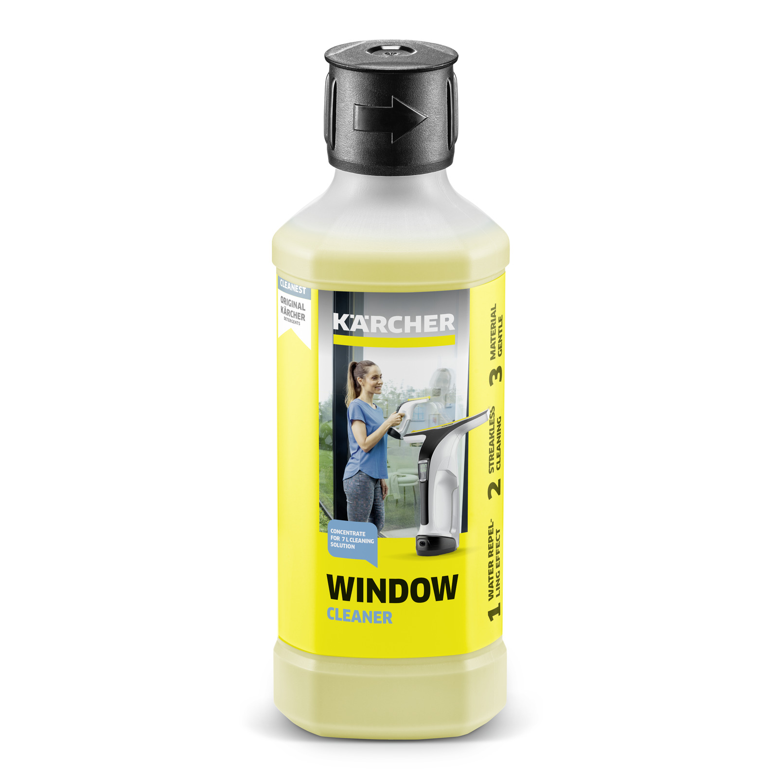 Kärcher window cleaner bottle with label showing a person using a Kärcher window vac.