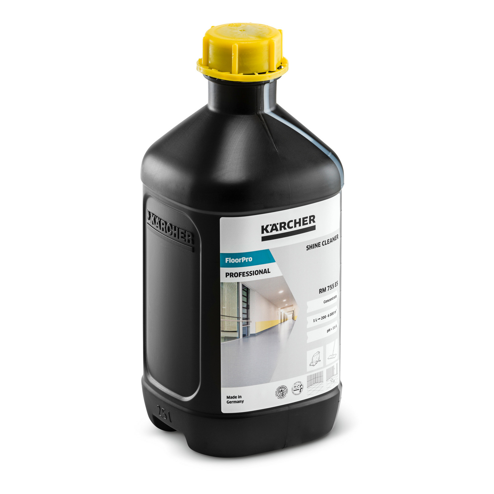 Recipient negru Kärcher FloorPro Shine Cleaner RM 755 ES, capac galben, etichetă cu detalii despre produs. Recipient negru Kärcher FloorPro Shine Cleaner RM 755 ES, capac galben, etichetă cu detalii despre produs.