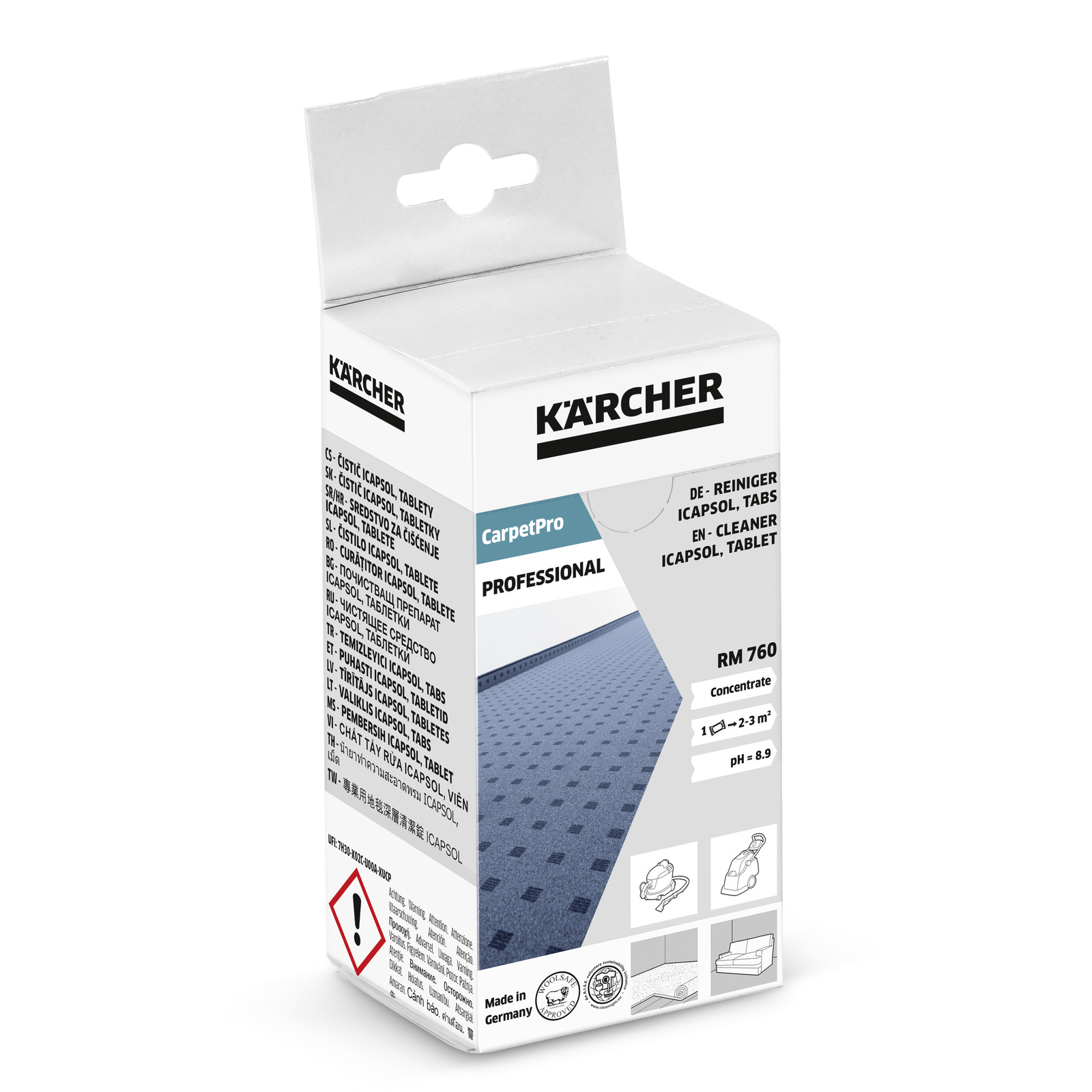 Kärcher CarpetPro RM 760 box with blue carpet image, product details, and safety symbols. Made in Germany.