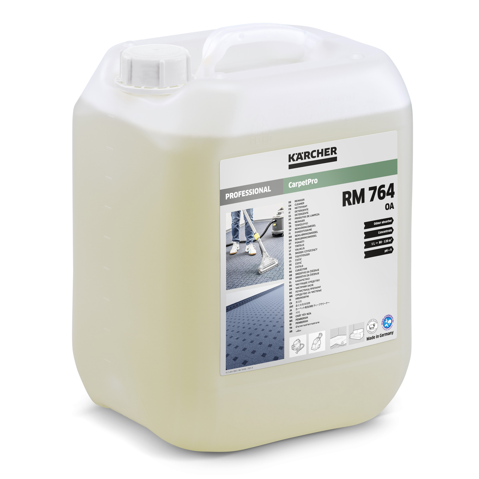 Kärcher RM 764 OA detergent container with label detailing product information and usage instructions.