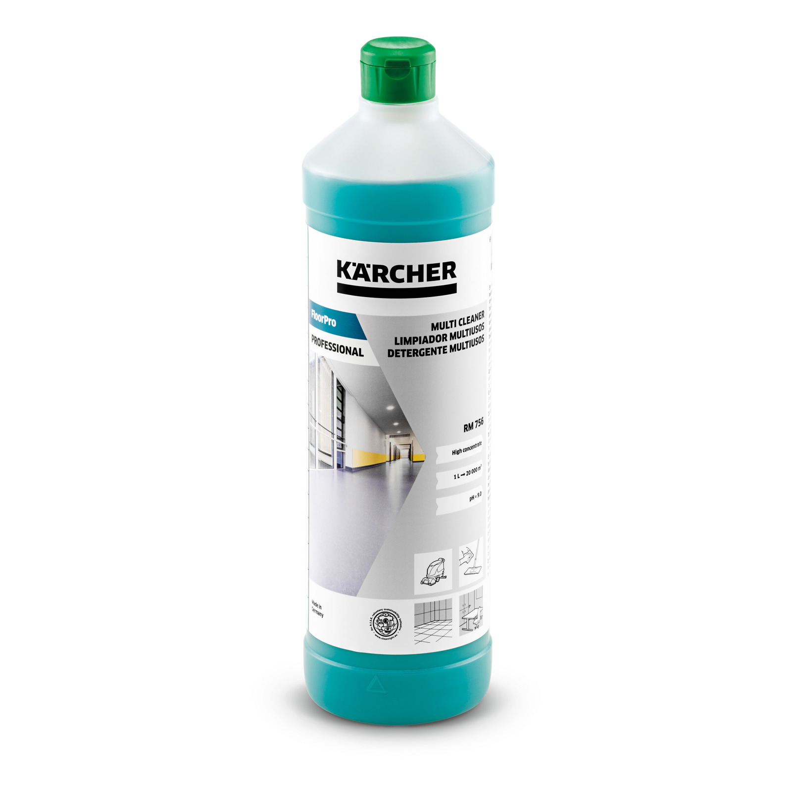 Kärcher FloorPro multi cleaner bottle with green cap, featuring product details and cleaning icons on the label.