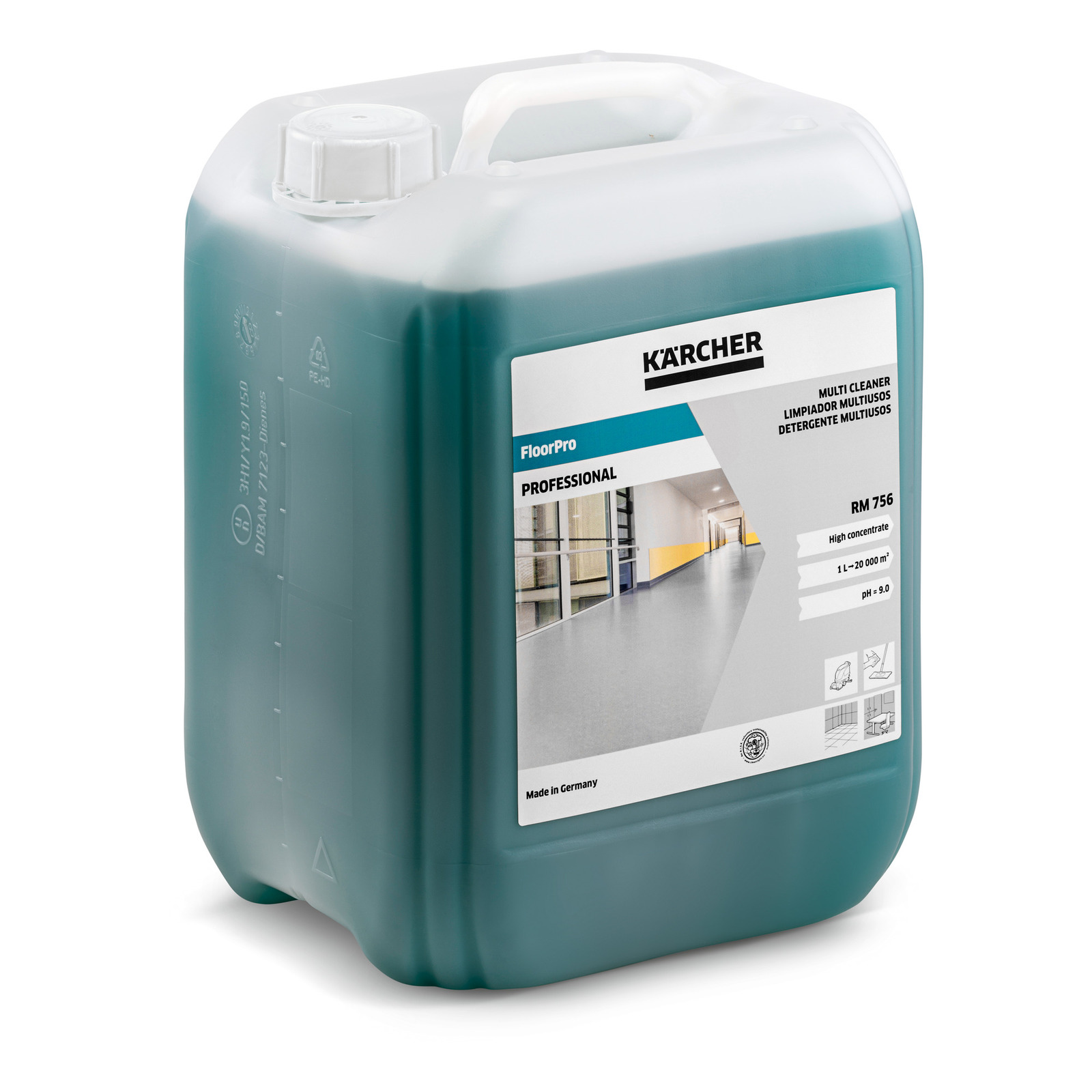 Kärcher FloorPro RM 756 multi cleaner in a large green container with a handle and label detailing usage and specifications. Kärcher FloorPro RM 756 multi cleaner in a large green container with a handle and label detailing usage and specifications.