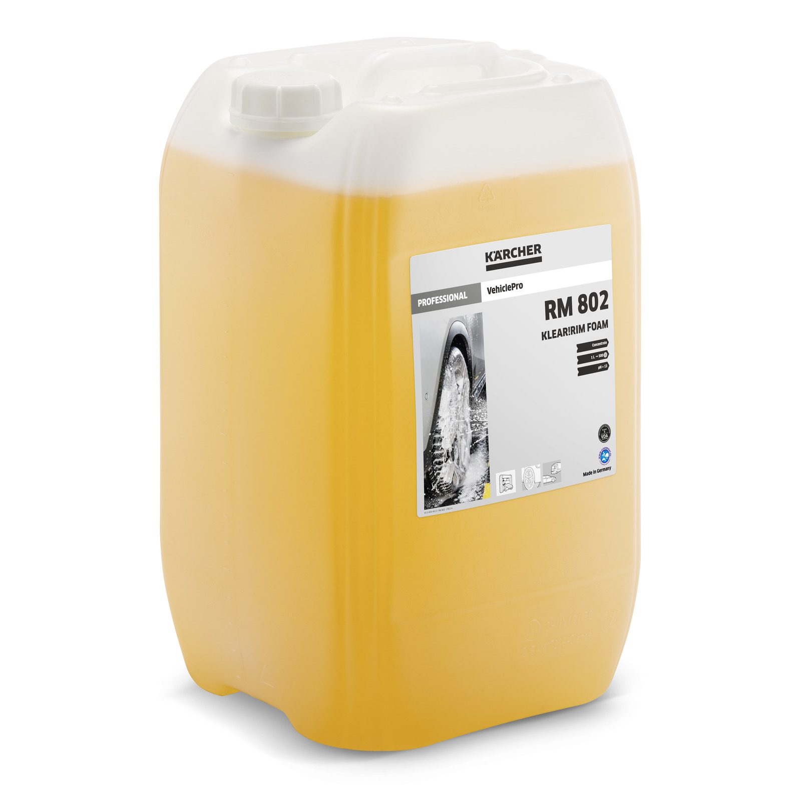Orange Kärcher RM 802 cleaning solution container with a white cap and label featuring product details.