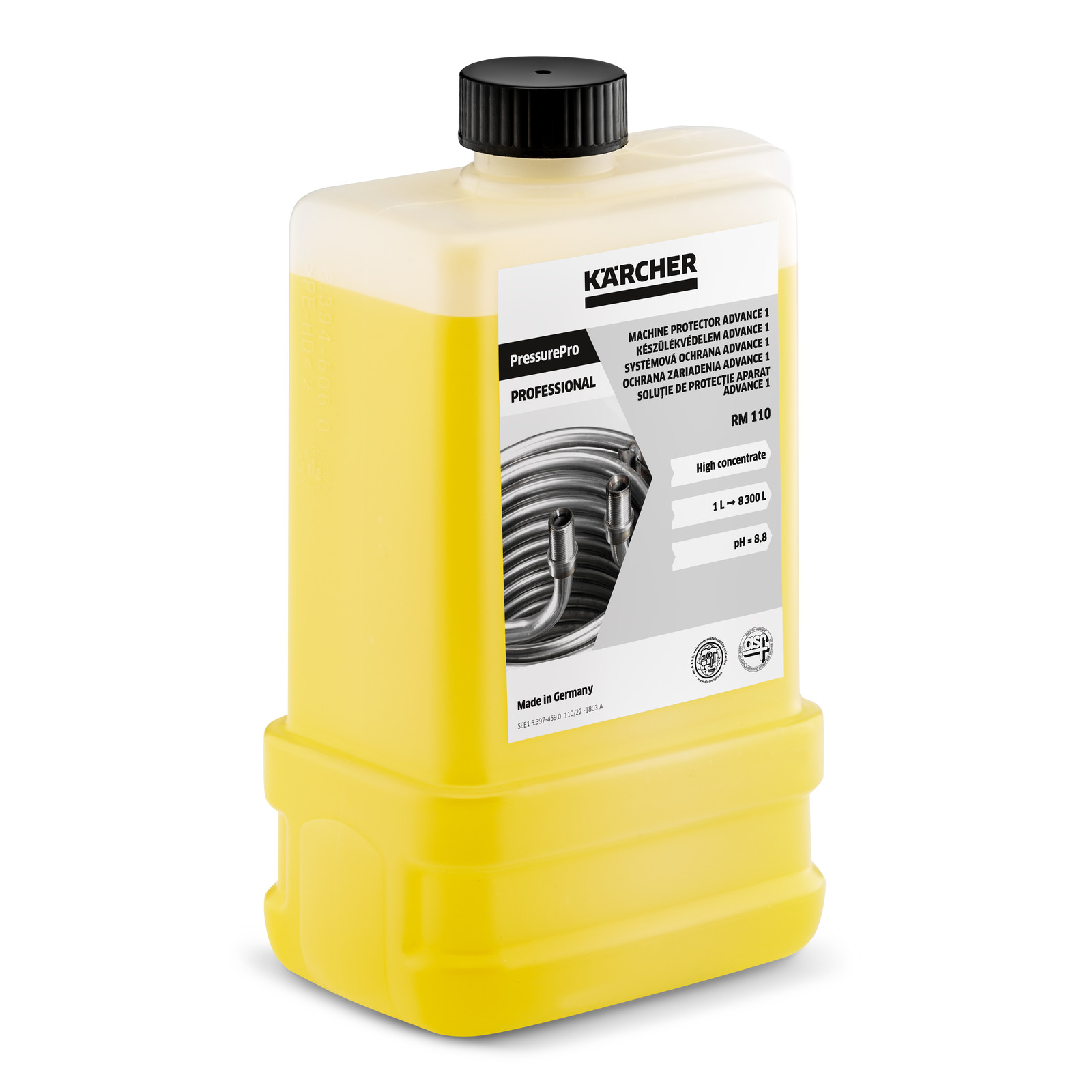 Yellow Kärcher PressurePro Professional RM 110 container with black cap and label detailing product information.
