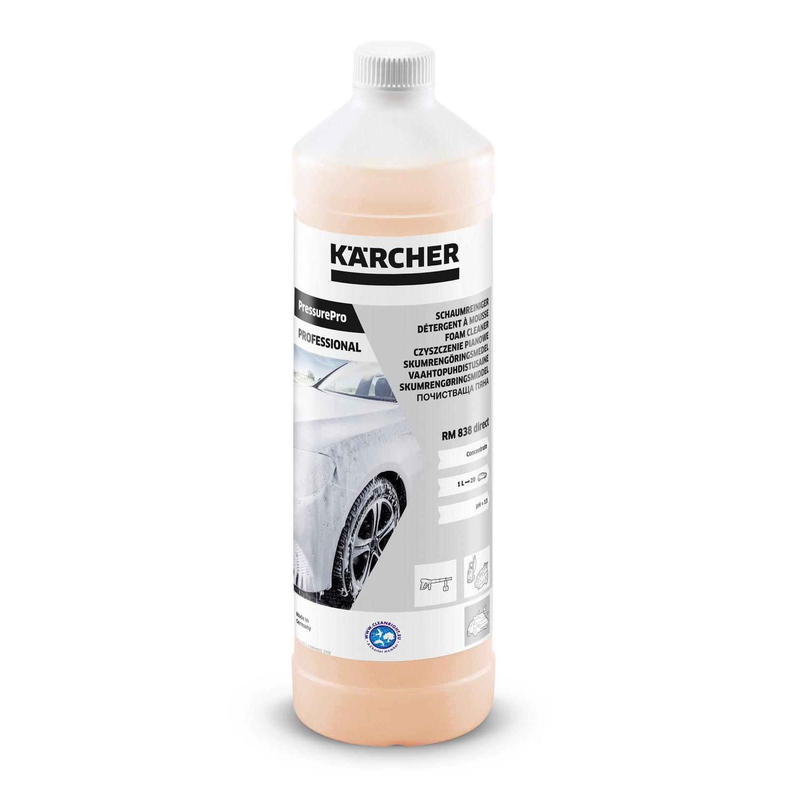 Kärcher PressurePro RM 838 detergent bottle with foam cleaner label, featuring a car image and multilingual text.