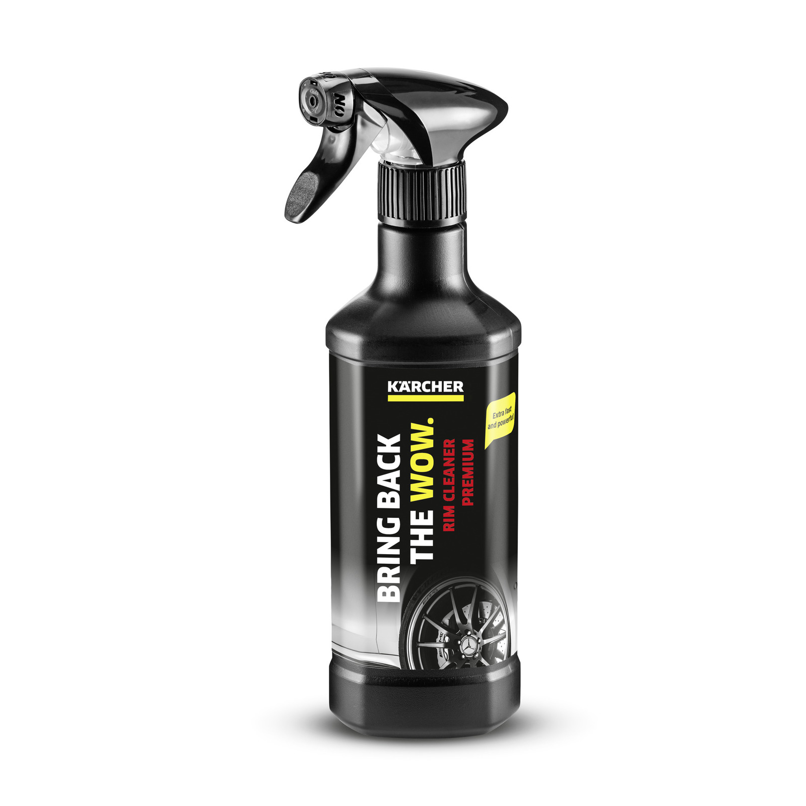 Kärcher rim cleaner bottle with black spray nozzle, featuring "Bring Back the Wow" text and a wheel image on the label.