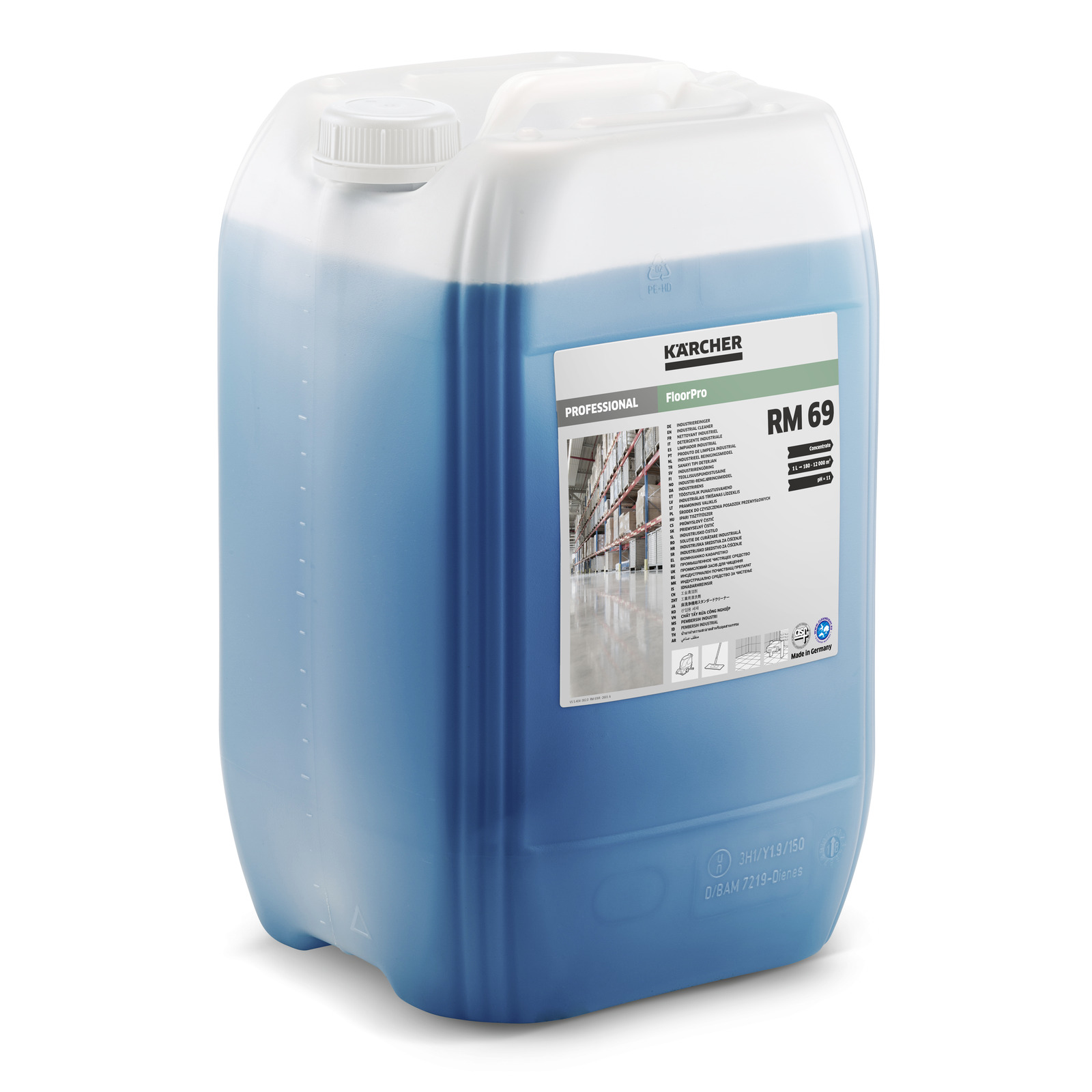 Recipientă albastră de detergent Kärcher RM 69, cu etichetă detaliată pe partea frontală.