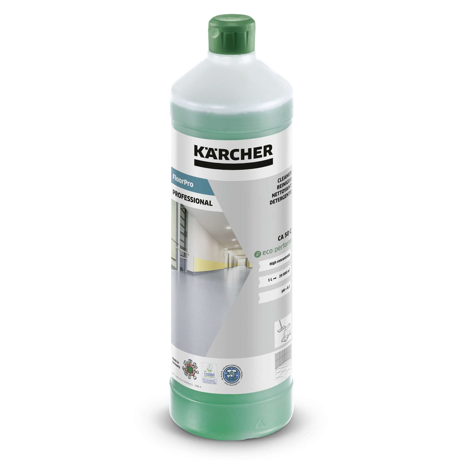 Kärcher FloorPro Professional detergent bottle with green cap, featuring an indoor hallway image on the label.