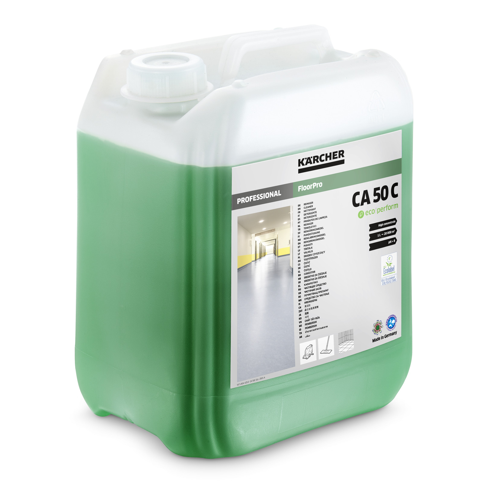 Kärcher CA 50 C floor cleaner in a green plastic container with a white cap and label detailing product information. Kärcher CA 50 C floor cleaner in a green plastic container with a white cap and label detailing product information.