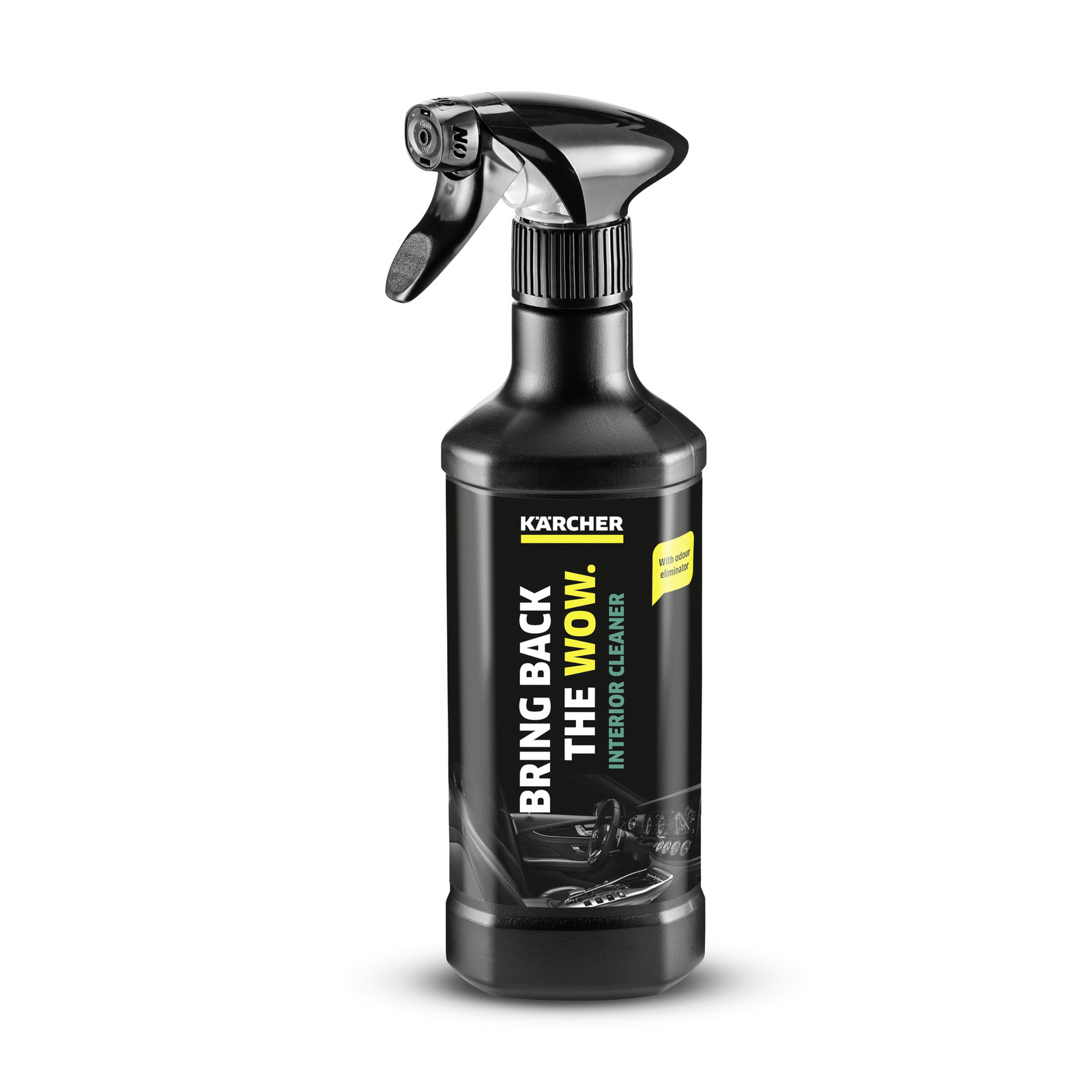 Kärcher interior cleaner spray bottle with black label and yellow text, featuring a trigger nozzle.