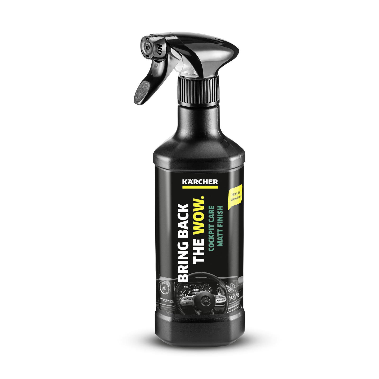 Kärcher cockpit care spray bottle with black and yellow label, featuring a car dashboard image.