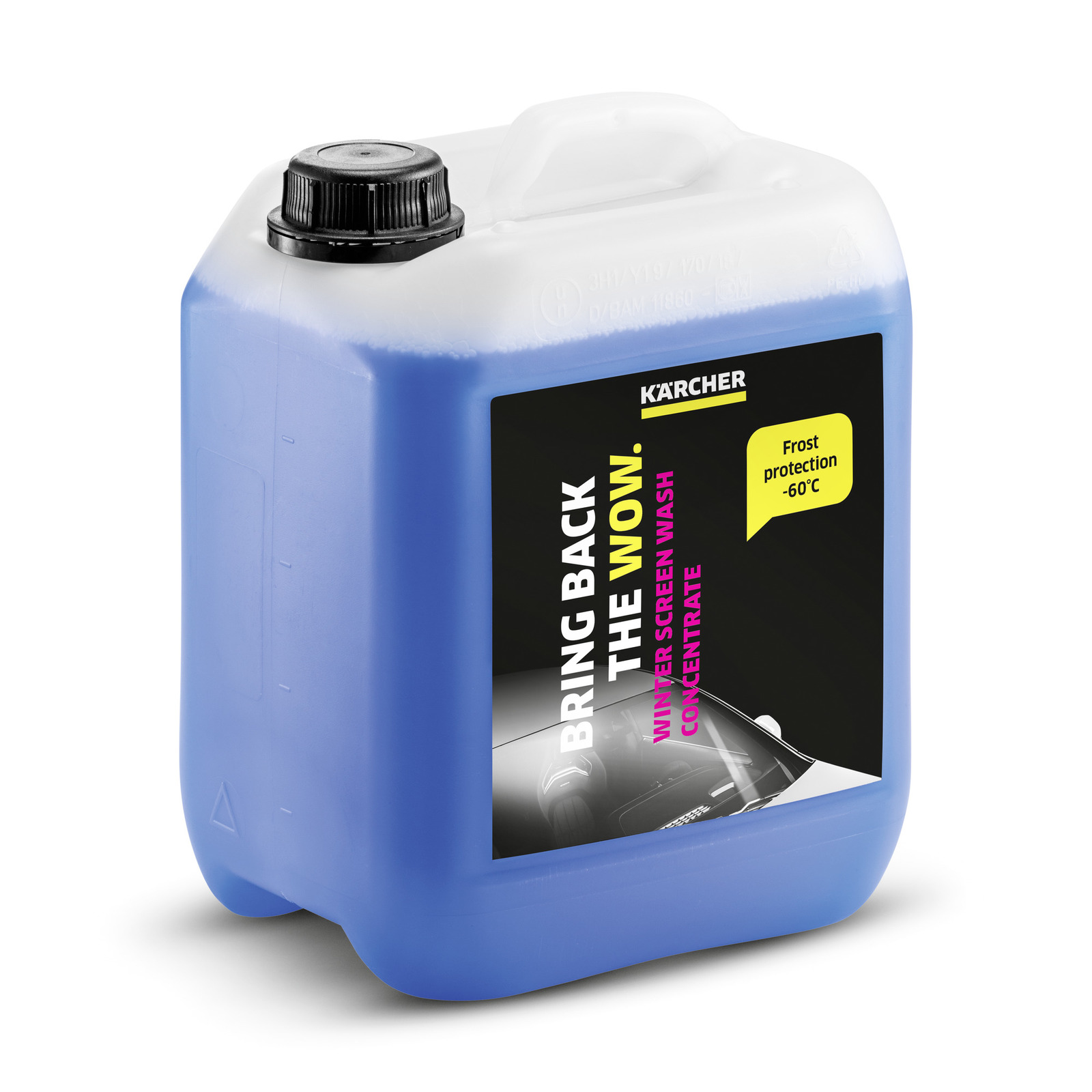 Blue container of Kärcher winter screen wash concentrate with frost protection label.
