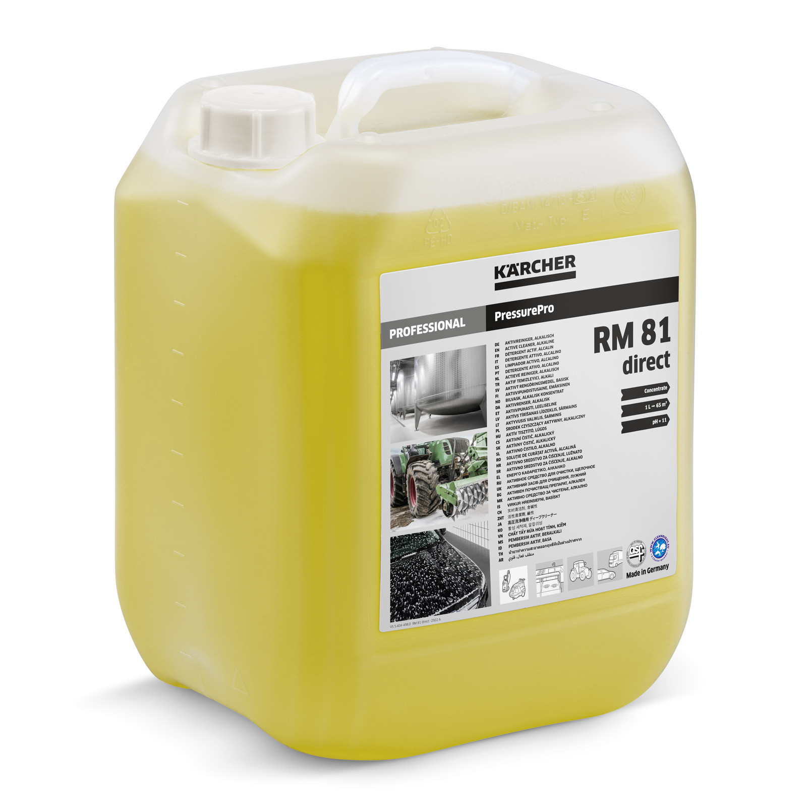Yellow container of Kärcher RM 81 direct detergent with label detailing product information and usage instructions.
