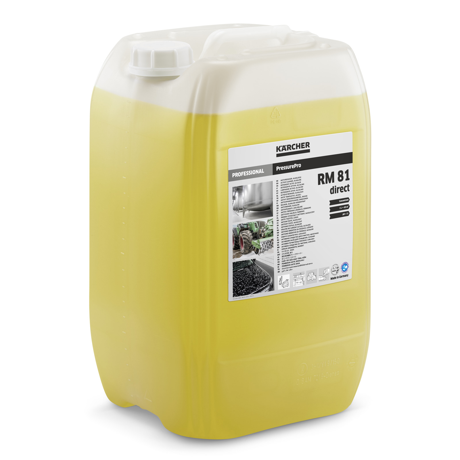 Yellow container of Kärcher RM 81 detergent with label showing usage instructions and images.