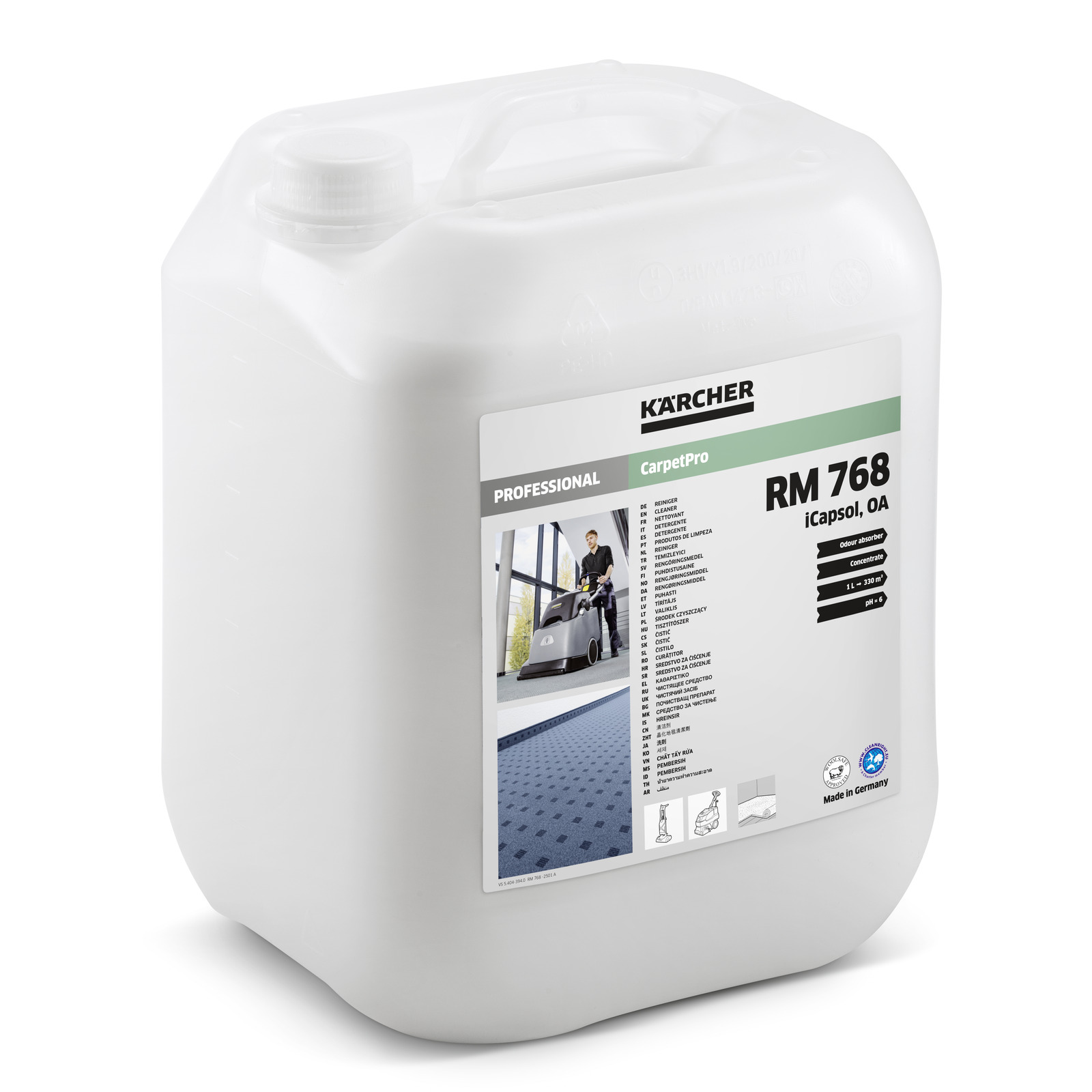 White container labeled "Kärcher RM 768 Carpet Cleaner," featuring product details and cleaning imagery on the label.