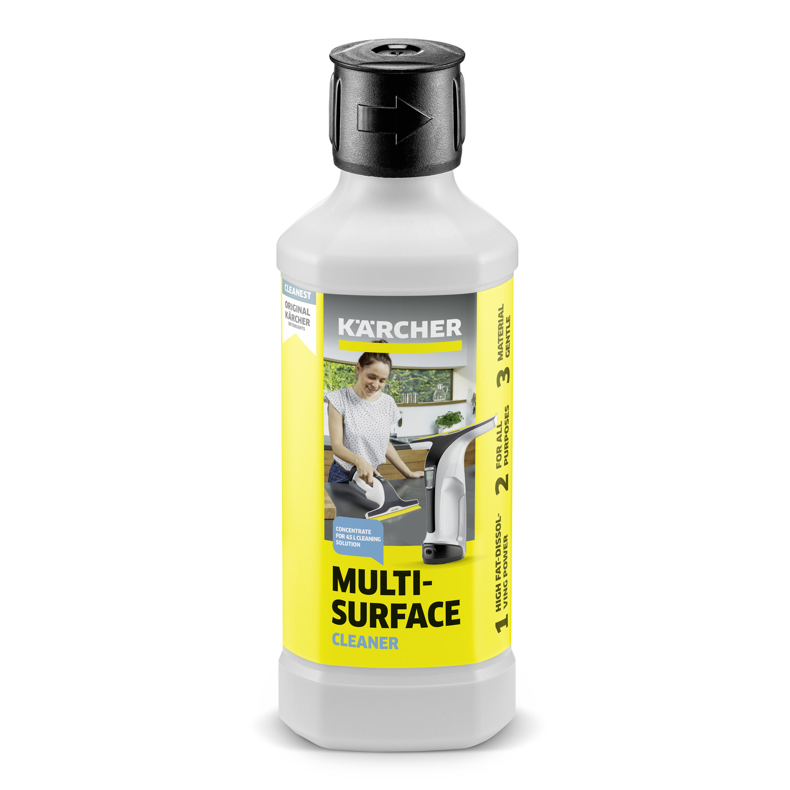 Sticlă de detergent Kärcher Multi-Surface Cleaner, etichetă galbenă cu imaginea unui aspirator de geamuri și text informativ.