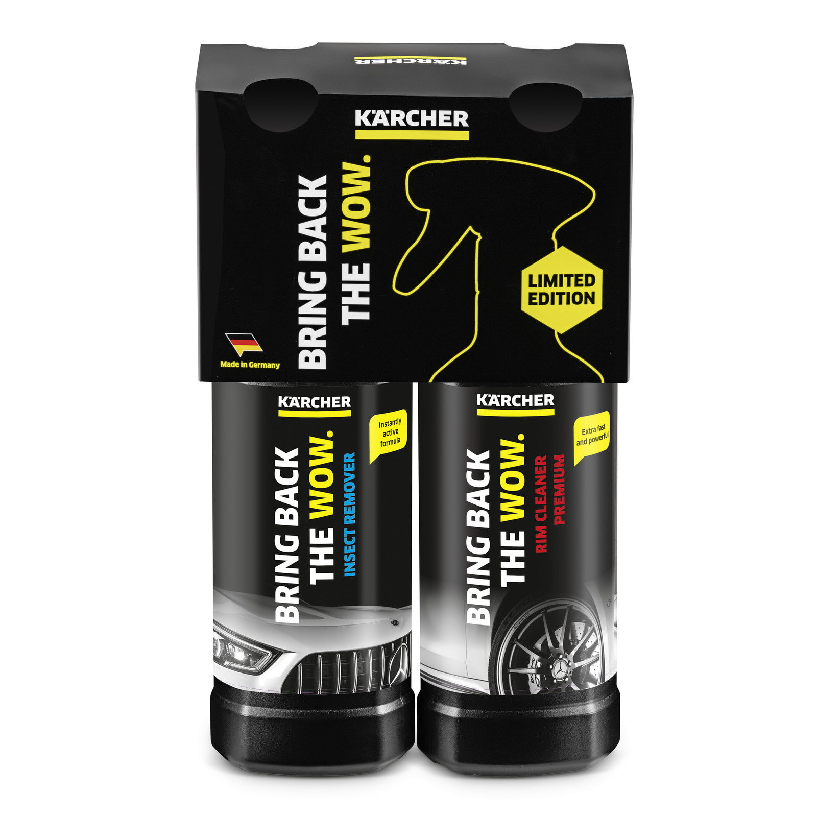 Kärcher Autopflege-Set mit Insektenentferner und Felgenreiniger, schwarze Verpackung mit gelber Schrift, Limited Edition.
