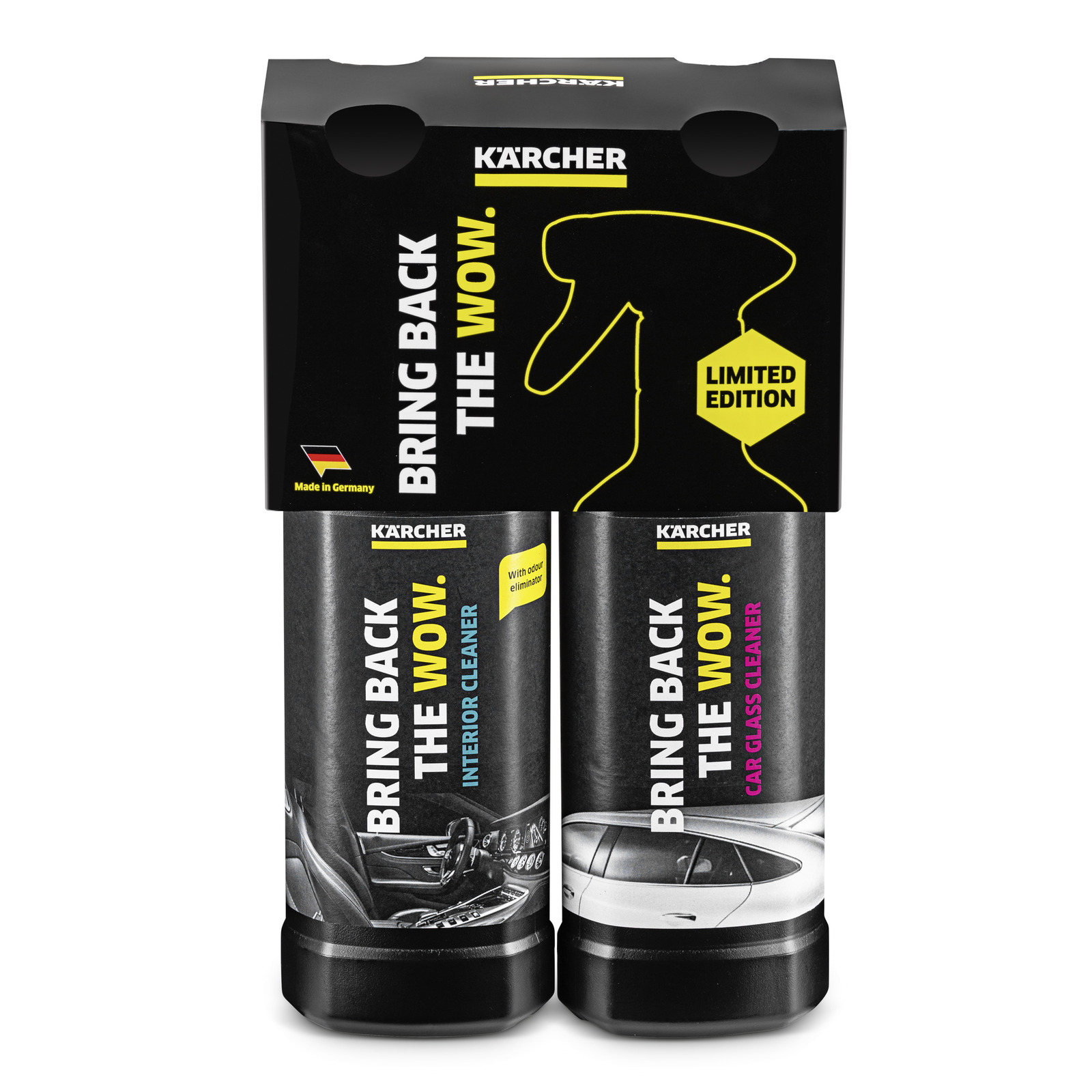 Kärcher Reinigungsset mit Innenreiniger und Glasreiniger, schwarze Verpackung mit gelbem Text "Bring Back the Wow", Limited Edition. Kärcher Reinigungsset mit Innenreiniger und Glasreiniger, schwarze Verpackung mit gelbem Text "Bring Back the Wow", Limited Edition.