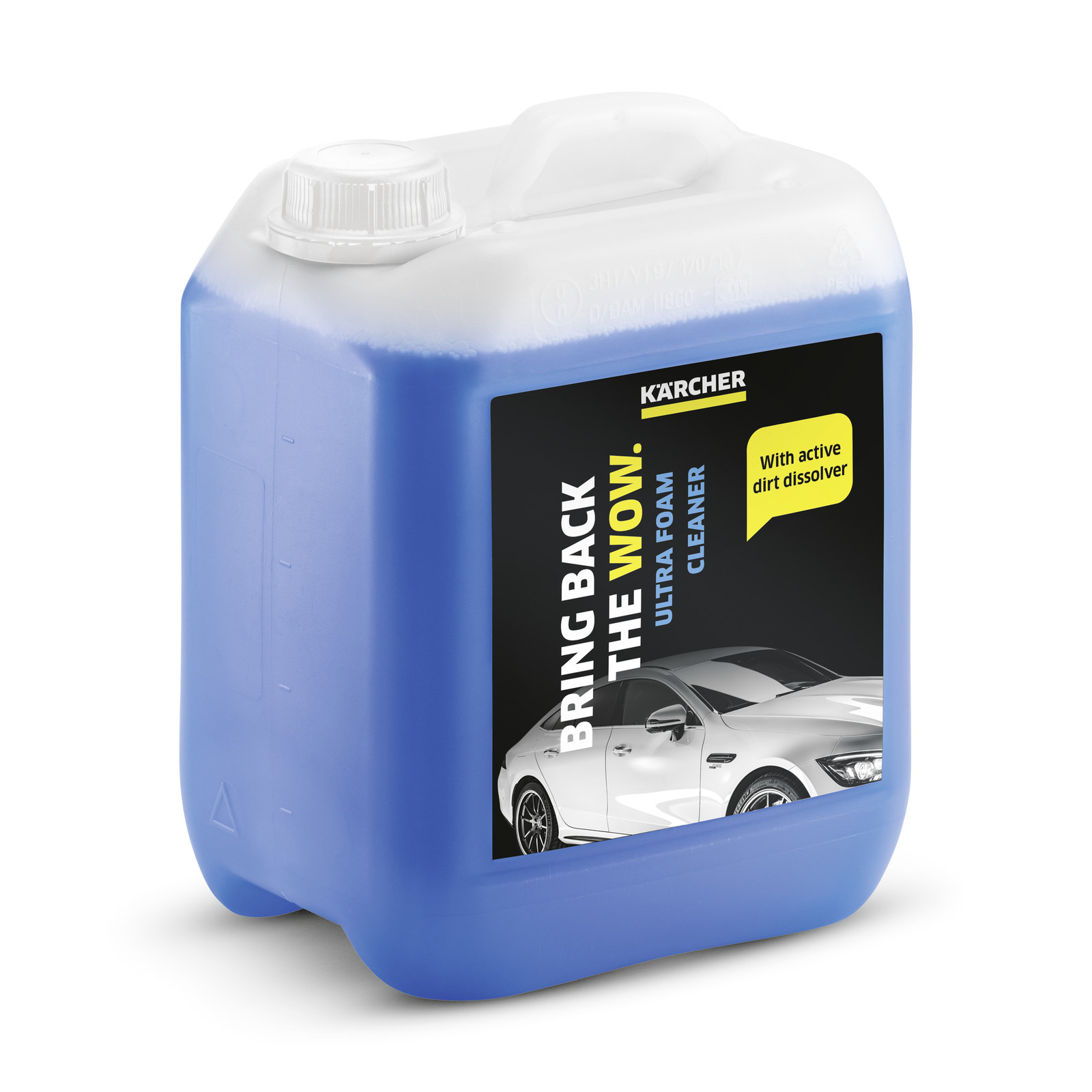 Blue Kärcher Ultra Foam Cleaner container with a label featuring a white car and text "Bring Back the Wow" and "With active dirt dissolver." Blue Kärcher Ultra Foam Cleaner container with a label featuring a white car and text "Bring Back the Wow" and "With active dirt dissolver."