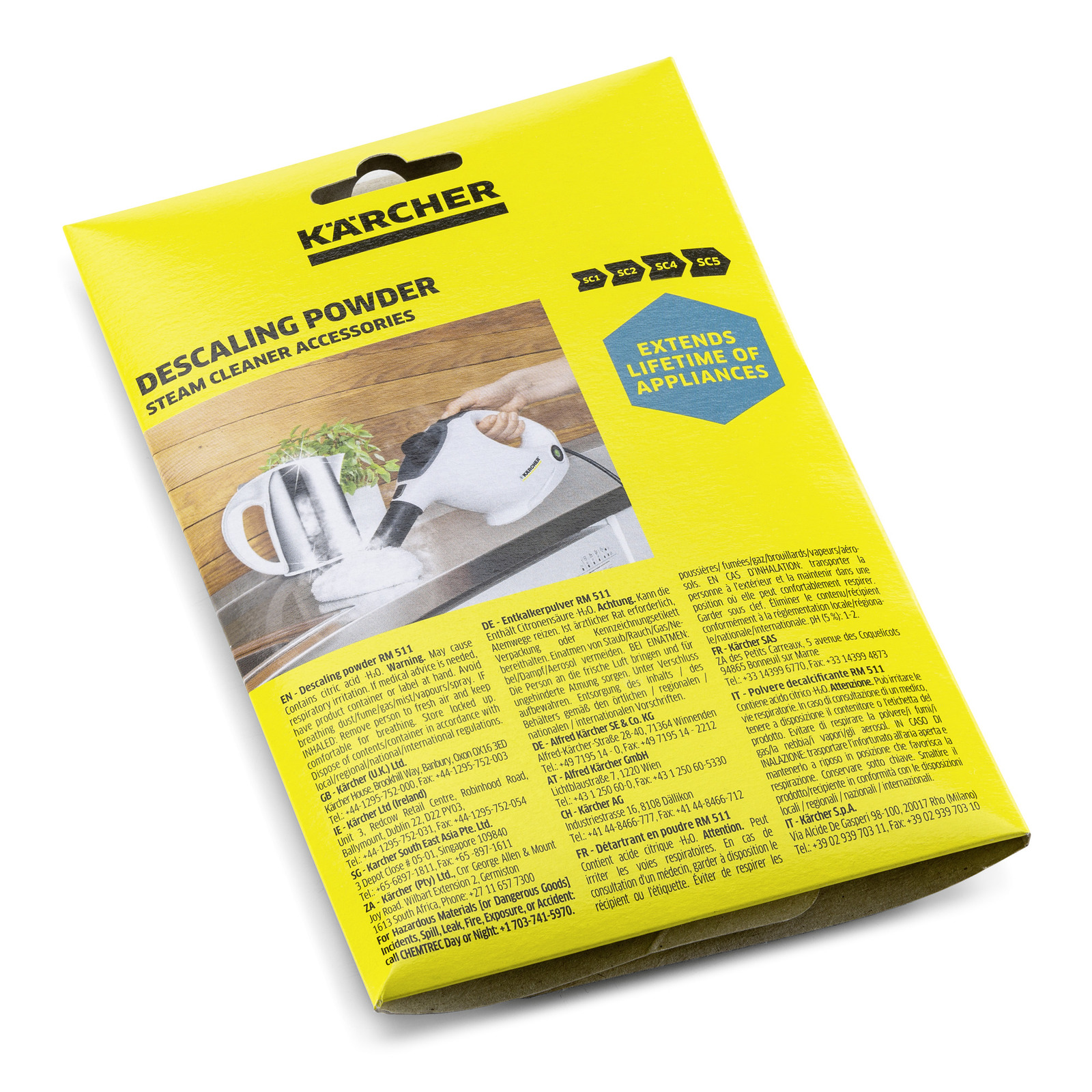Yellow Kärcher descaling powder packaging with product image and text detailing steam cleaner accessories.