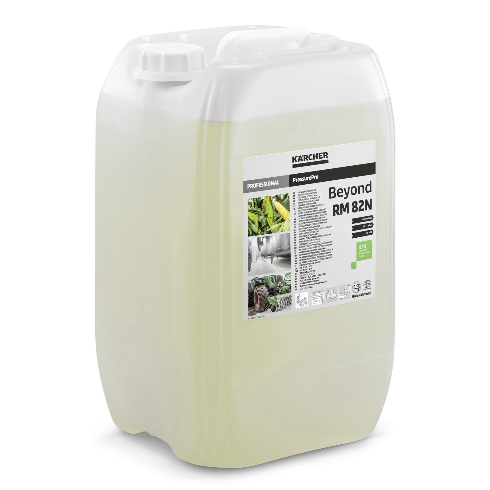 Kärcher Beyond RM 82N professional cleaning agent in a large plastic container with a white cap and informative product label. Kärcher Beyond RM 82N professional cleaning agent in a large plastic container with a white cap and informative product label.