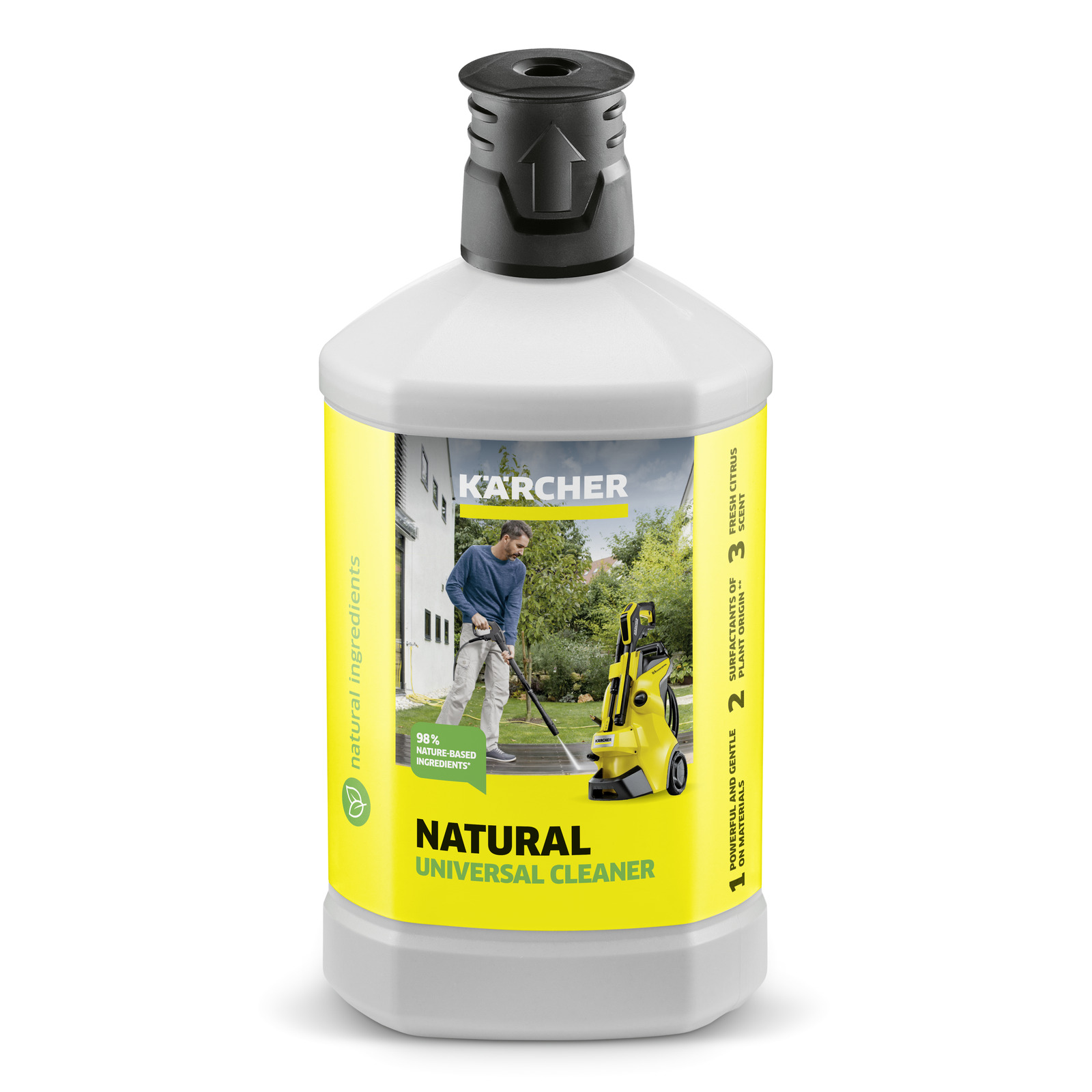 Kärcher Natural Universal Cleaner bottle with a label showing a person using a Kärcher high-pressure cleaner outdoors.