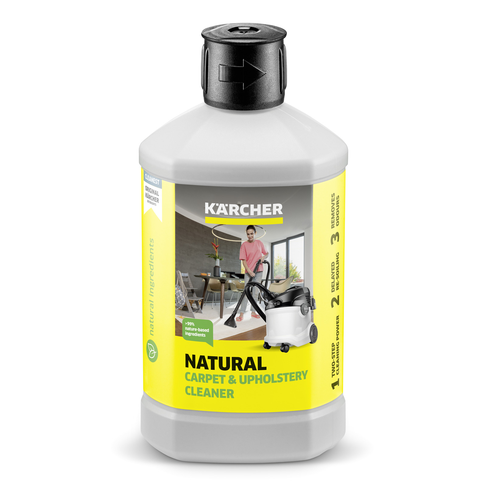 Kärcher Natural Carpet & Upholstery Cleaner bottle with image of a modern living room and a Kärcher vacuum cleaner.