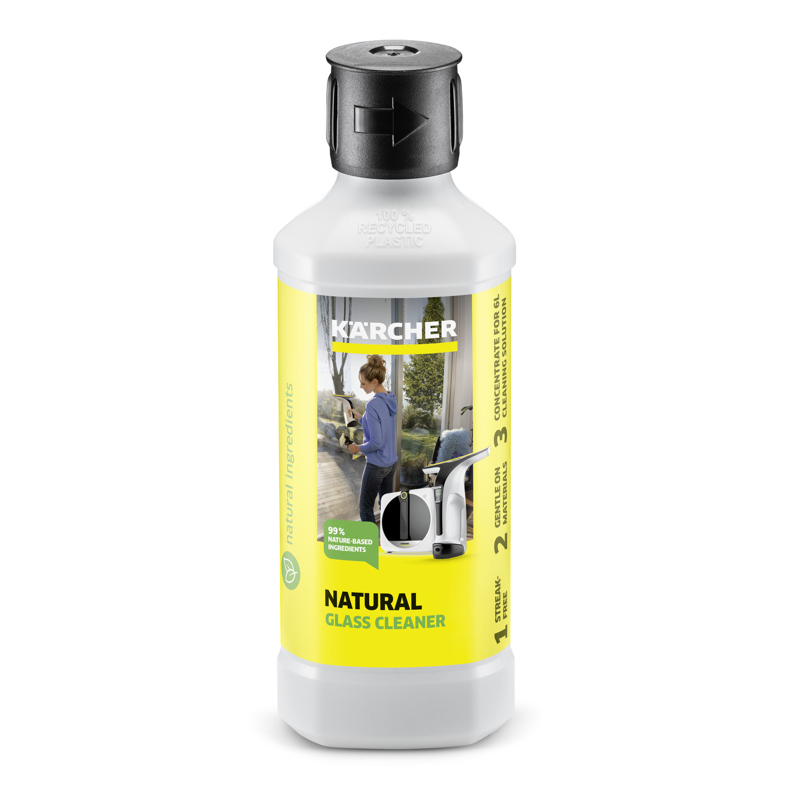 Kärcher Natural Glass Cleaner bottle with yellow label, featuring a woman cleaning a window and Kärcher window vac image. Kärcher Natural Glass Cleaner bottle with yellow label, featuring a woman cleaning a window and Kärcher window vac image.