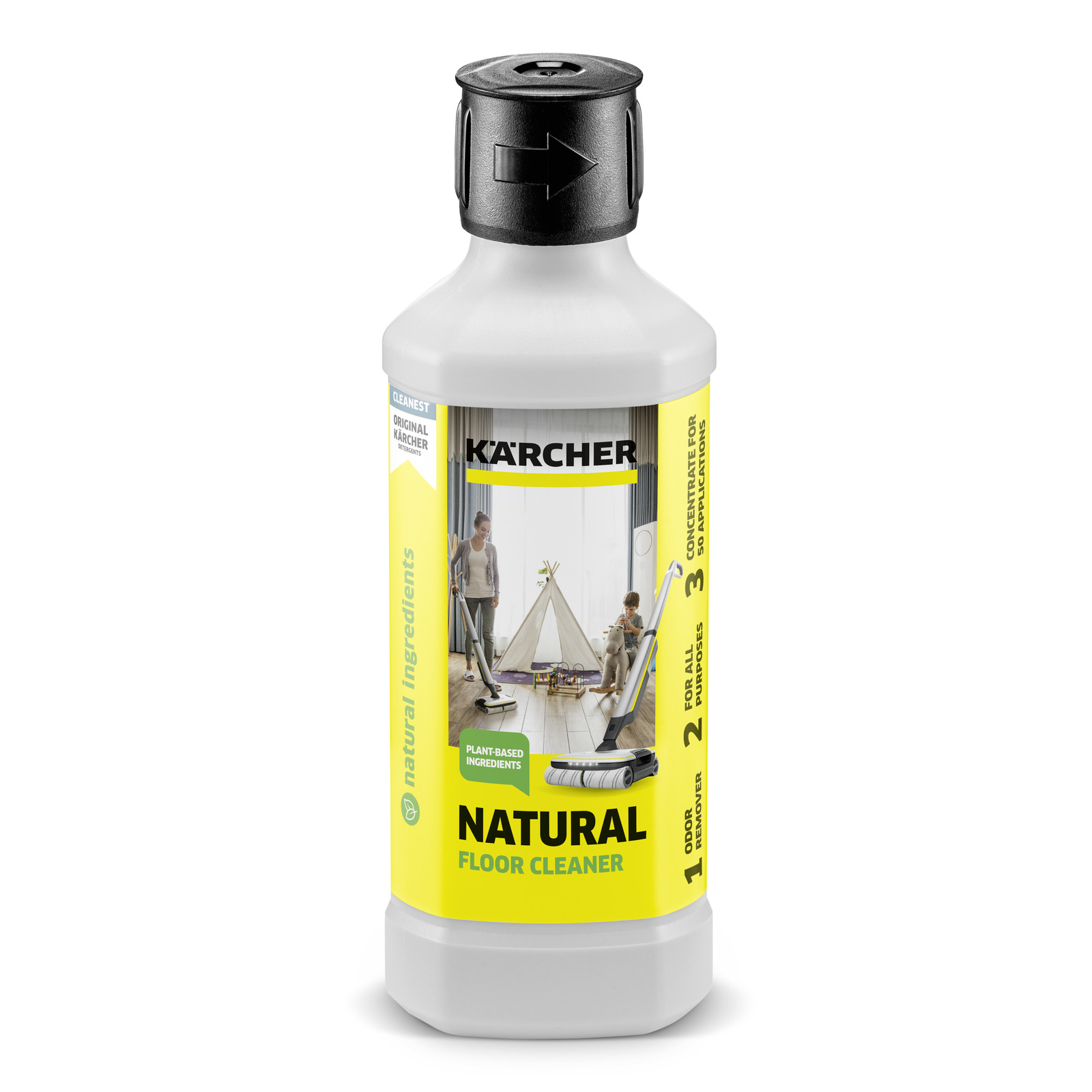 Kärcher Natural Floor Cleaner bottle with yellow label, featuring plant-based ingredients and cleaning instructions.