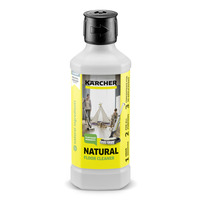 Kärcher Natural Floor Cleaner bottle with yellow label, featuring plant-based ingredients and cleaning instructions.