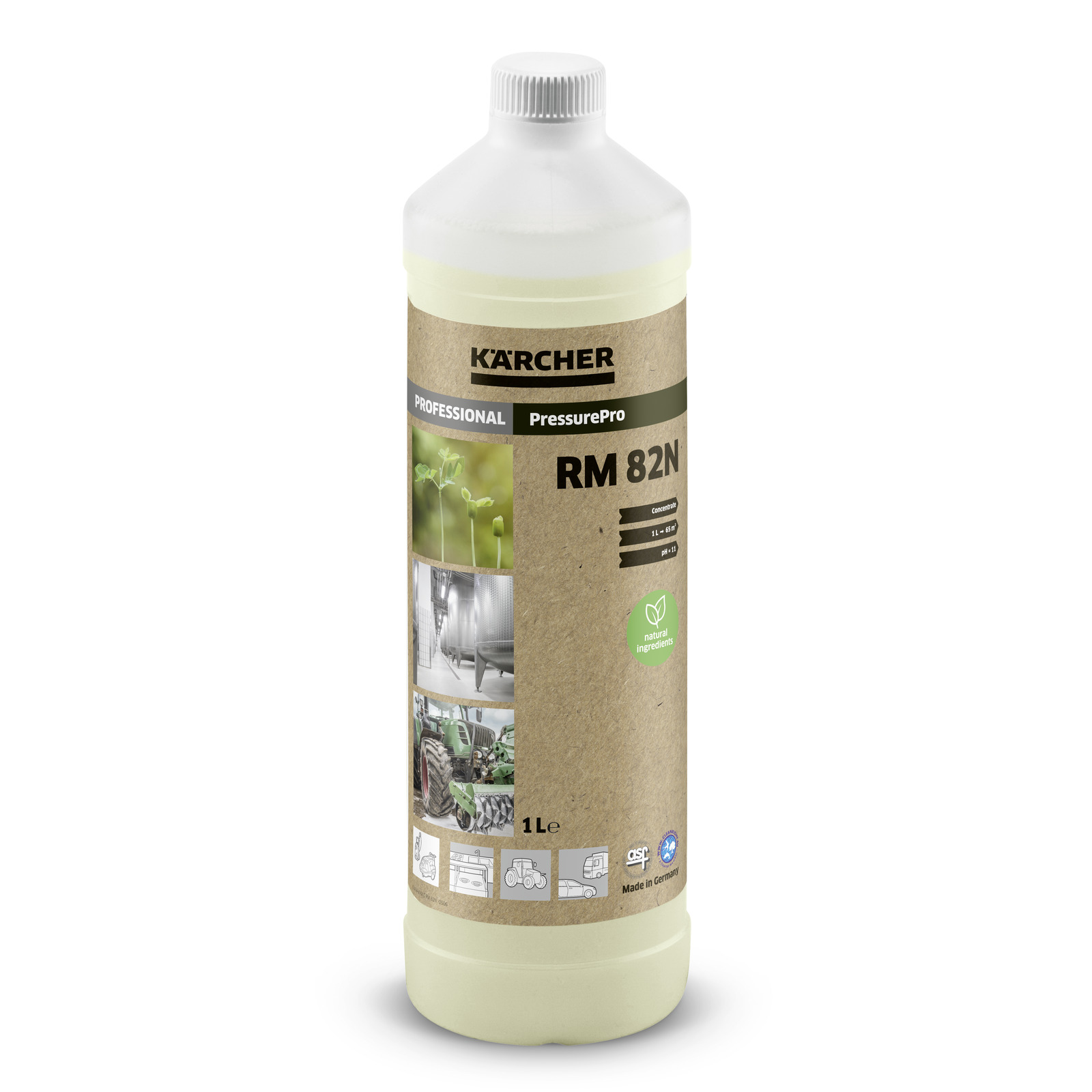 Kärcher RM 82N PressurePro detergent bottle with brown label, featuring images of plants and machinery. Kärcher RM 82N PressurePro detergent bottle with brown label, featuring images of plants and machinery.