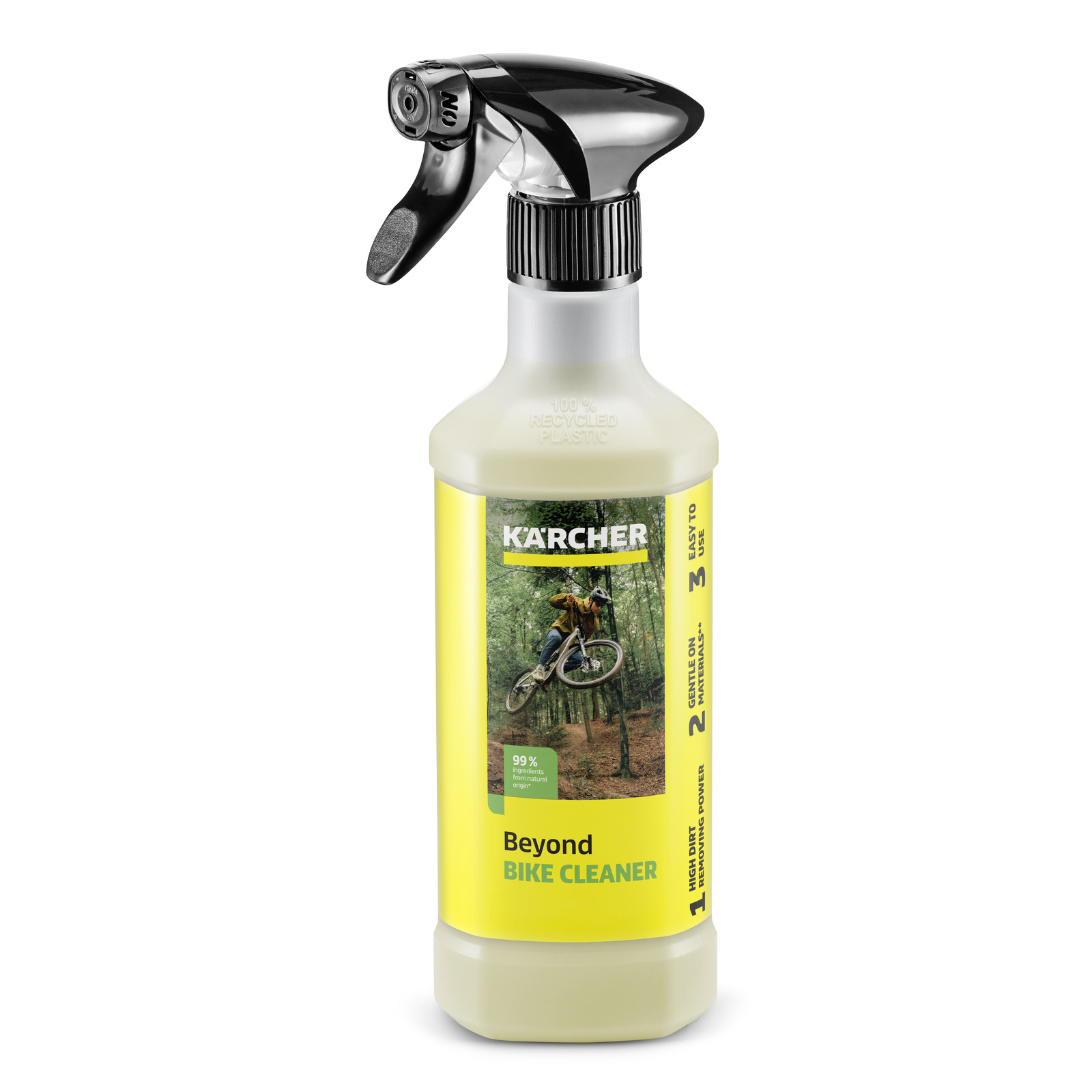 Yellow Kärcher bike-cleaner spray bottle with black trigger nozzle and "Beyond Bike Cleaner" label, upright on plain white background. Yellow Kärcher bike-cleaner spray bottle with black trigger nozzle and "Beyond Bike Cleaner" label, upright on plain white background.
