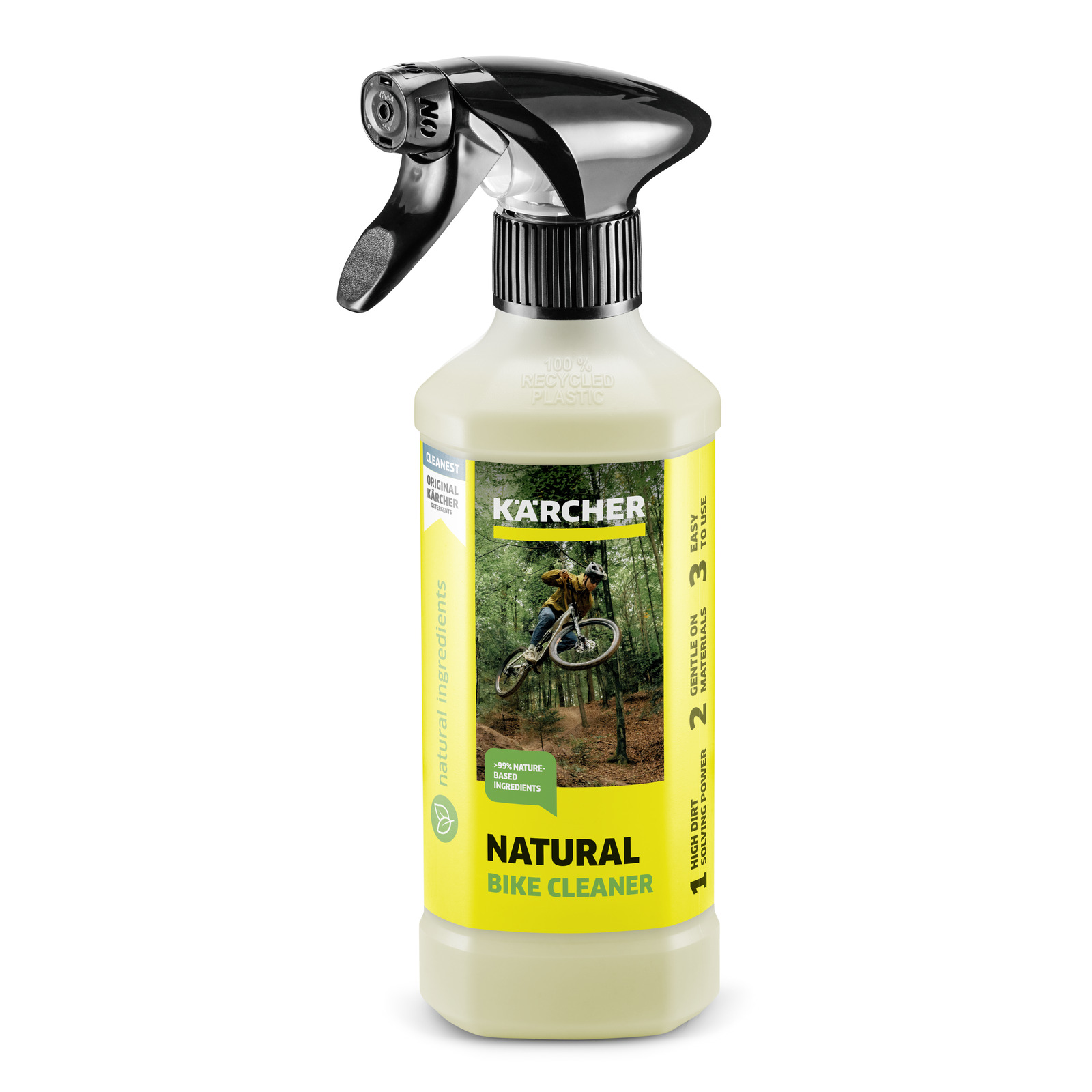Kärcher Natural Bike Cleaner bottle with spray nozzle, featuring a cyclist in a forest on the label. Kärcher Natural Bike Cleaner bottle with spray nozzle, featuring a cyclist in a forest on the label.