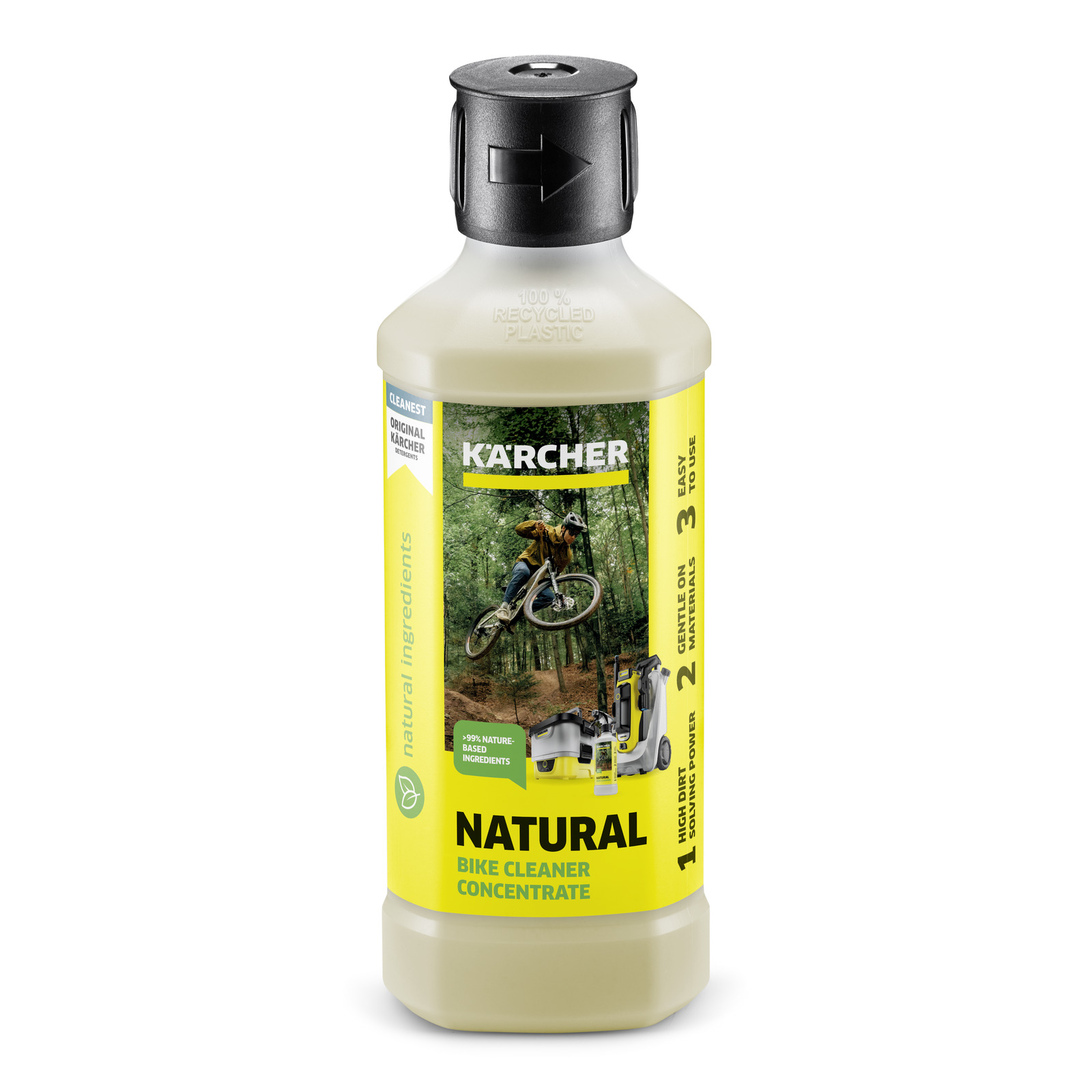 Kärcher Natural Bike Cleaner Concentrate bottle with yellow label and forest biking image. Kärcher Natural Bike Cleaner Concentrate bottle with yellow label and forest biking image.