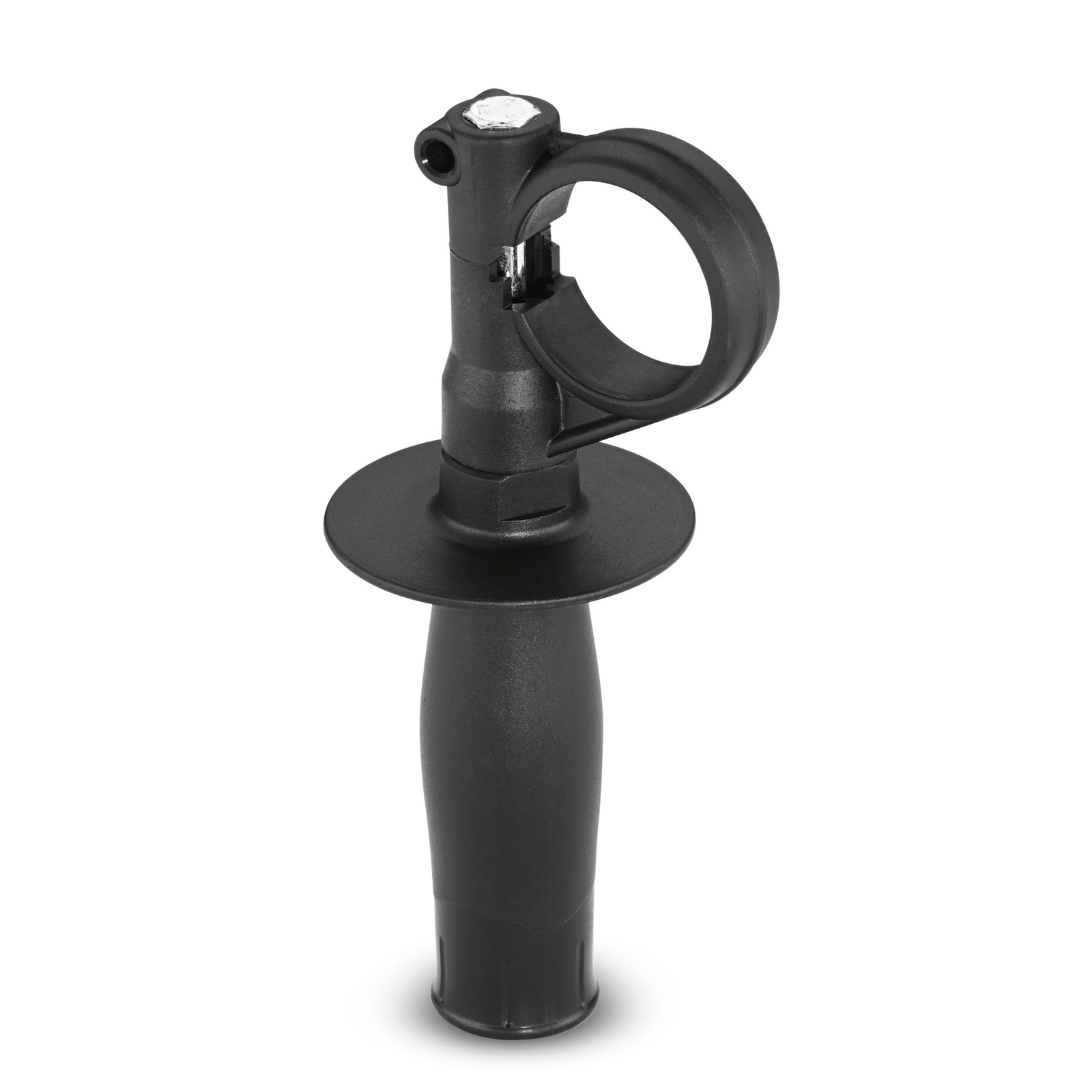 Black plastic handle attachment with a circular grip and a flat base, designed for a power tool.