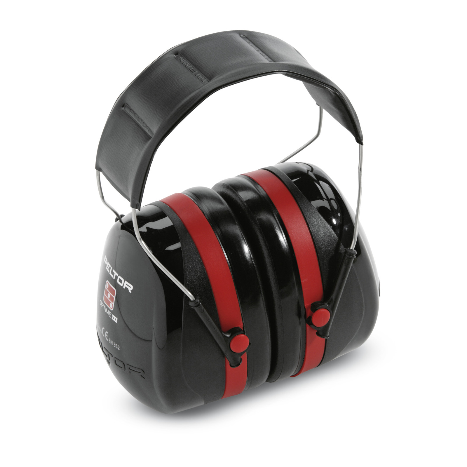 Black and red Peltor Optime III earmuffs with adjustable headband, designed for hearing protection. Black and red Peltor Optime III earmuffs with adjustable headband, designed for hearing protection.