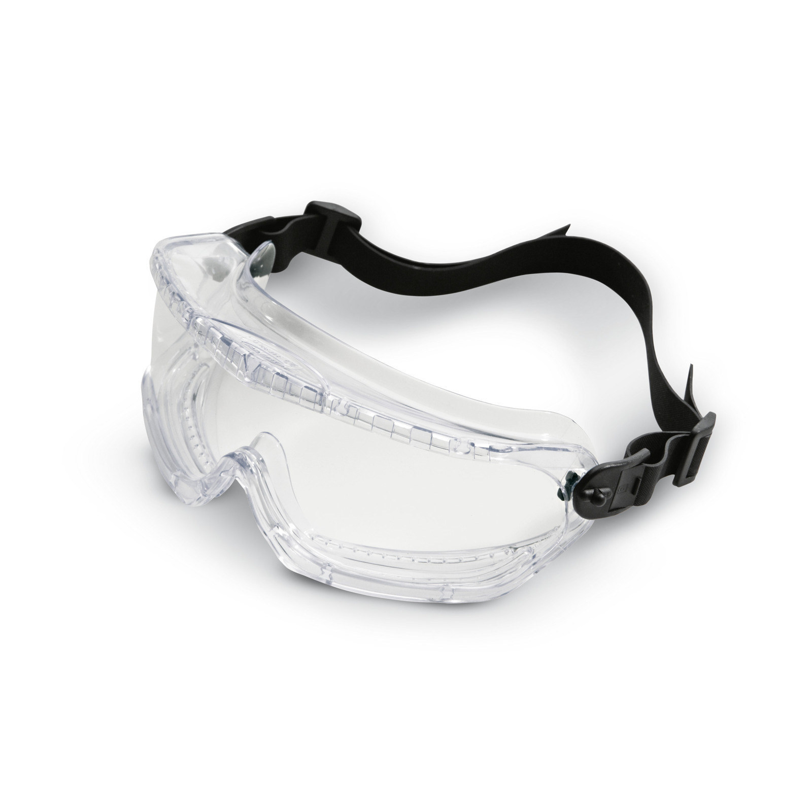 Clear safety goggles with a black adjustable strap, designed for eye protection. Clear safety goggles with a black adjustable strap, designed for eye protection.