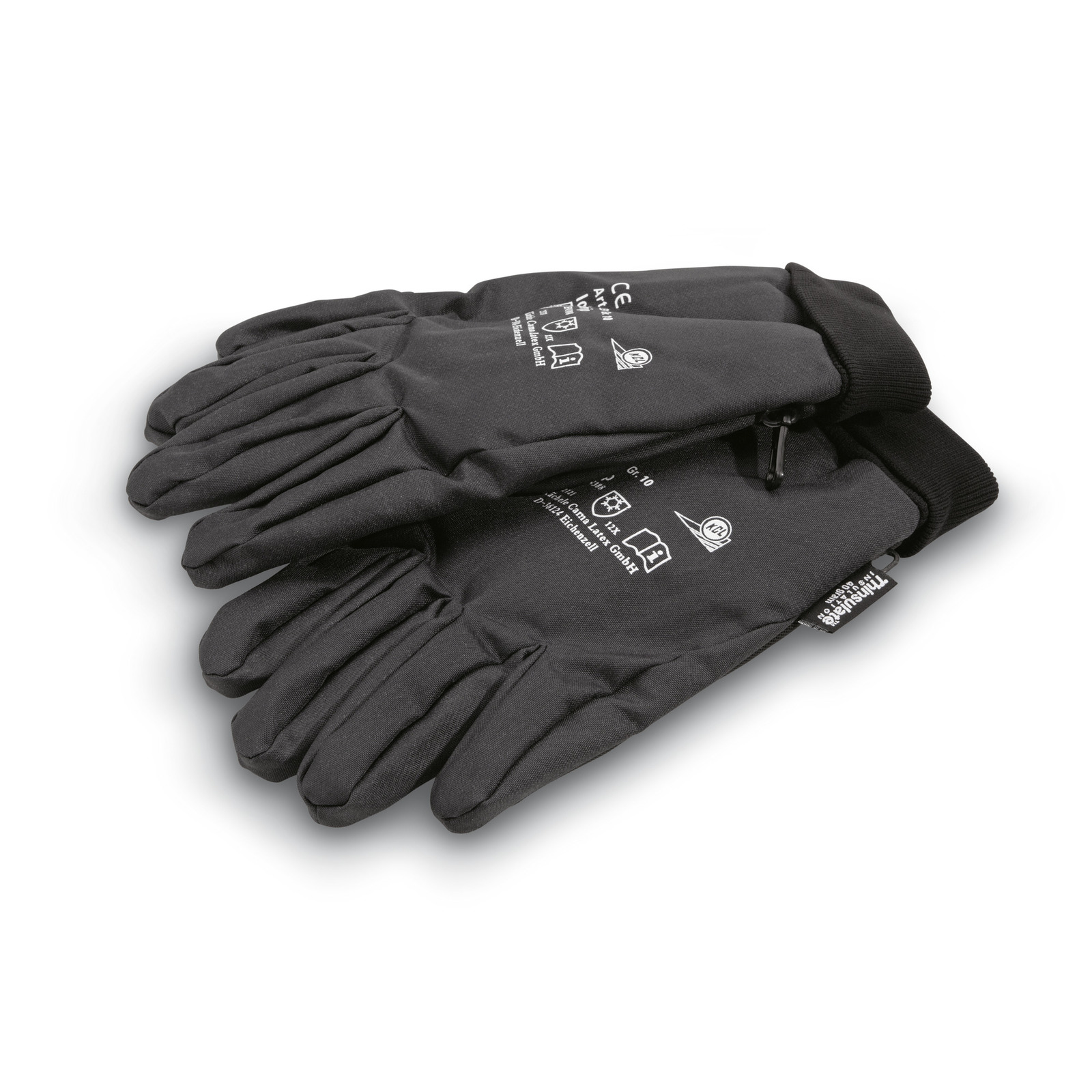 Pair of black gloves with printed safety symbols and text, featuring elastic cuffs and a small hanging loop. Pair of black gloves with printed safety symbols and text, featuring elastic cuffs and a small hanging loop.