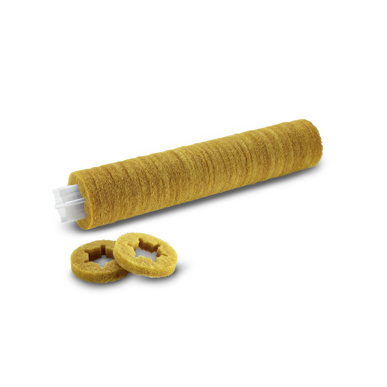 Yellow Kärcher roller brush with two matching circular attachments on a white background. Yellow Kärcher roller brush with two matching circular attachments on a white background.