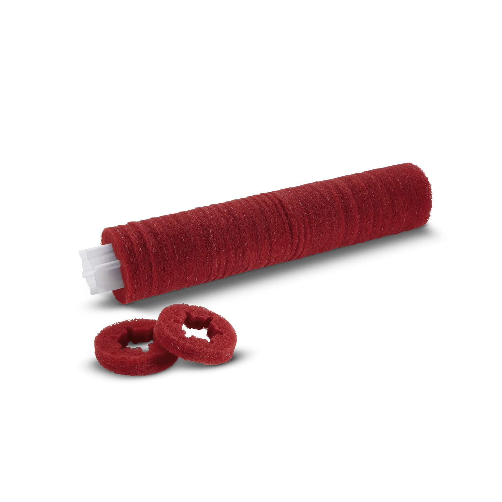 Red cylindrical brush roller with white core, accompanied by two matching red circular brush rings.
