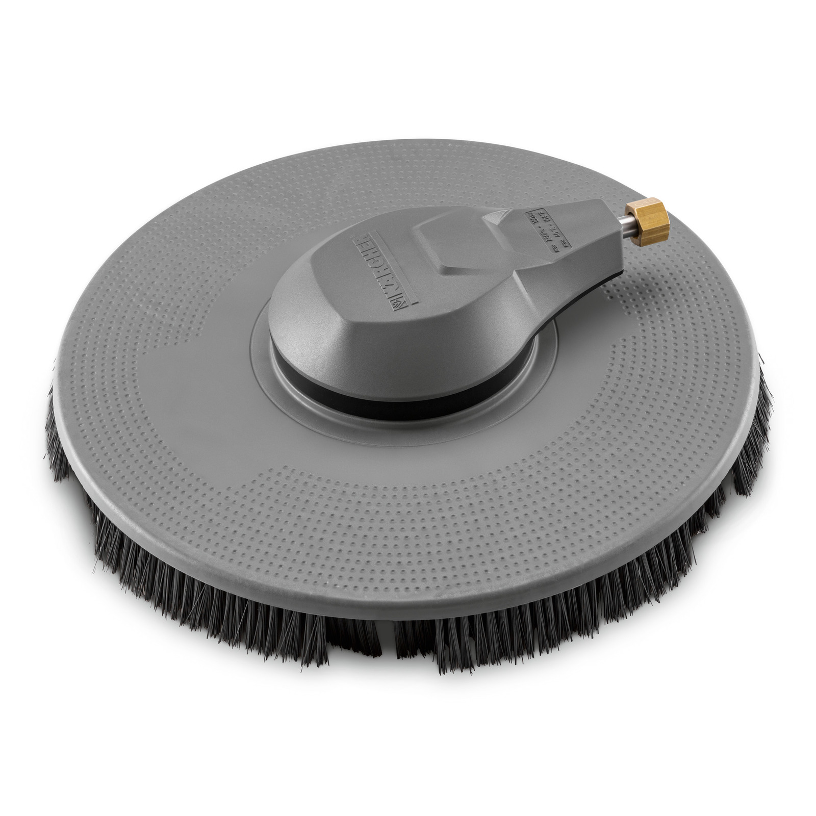 Grey Kärcher rotating surface cleaner with circular brush and textured top, viewed from above. Grey Kärcher rotating surface cleaner with circular brush and textured top, viewed from above.