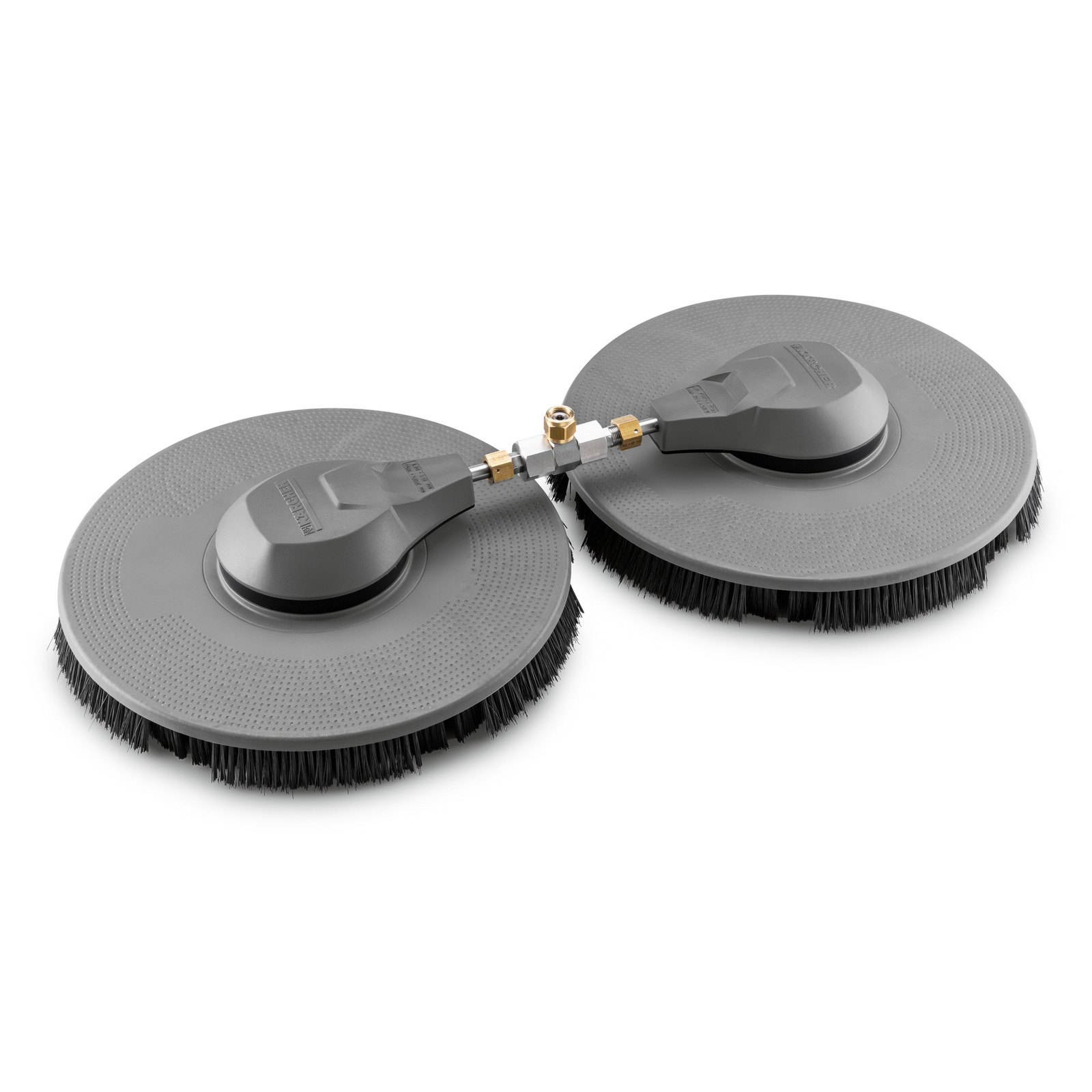 Two grey Kärcher surface cleaners with circular brushes connected by a metal joint on a white background. Two grey Kärcher surface cleaners with circular brushes connected by a metal joint on a white background.