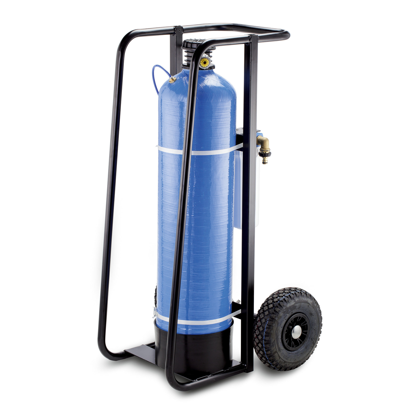 Blue cylindrical tank on a black wheeled trolley with a tap and handle. Blue cylindrical tank on a black wheeled trolley with a tap and handle.
