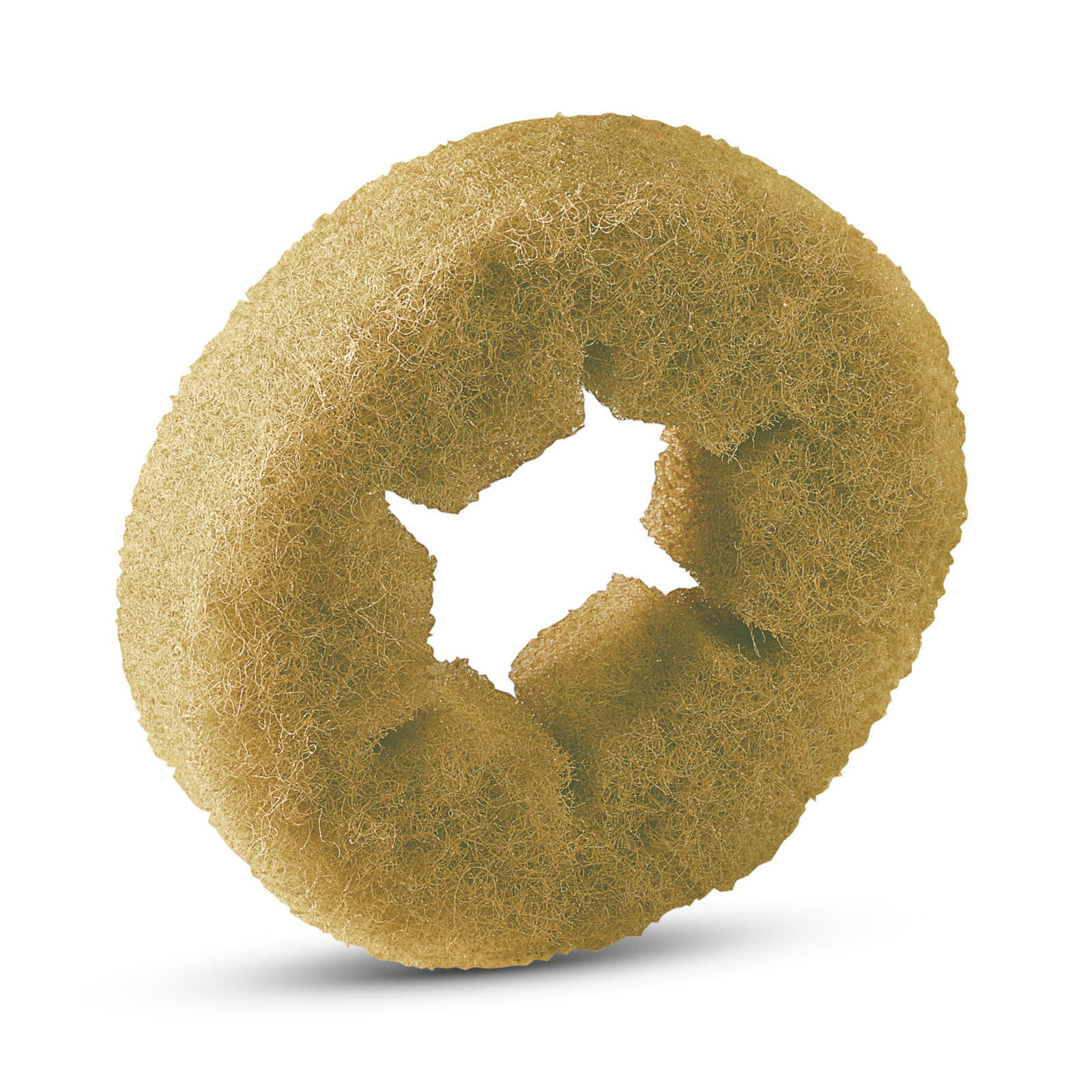 Circular beige sponge with a star-shaped cutout in the centre, featuring a textured surface.