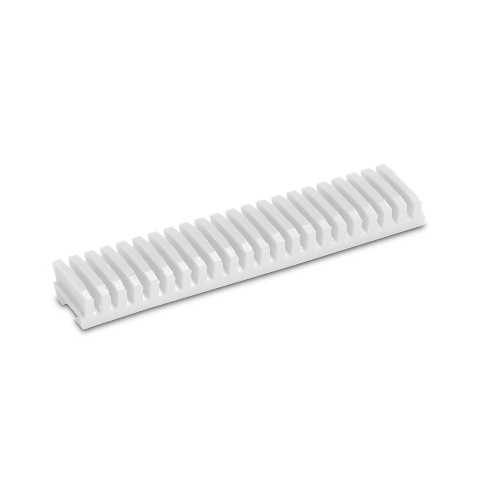White plastic comb-like object with evenly spaced teeth, angled view on a plain white background.