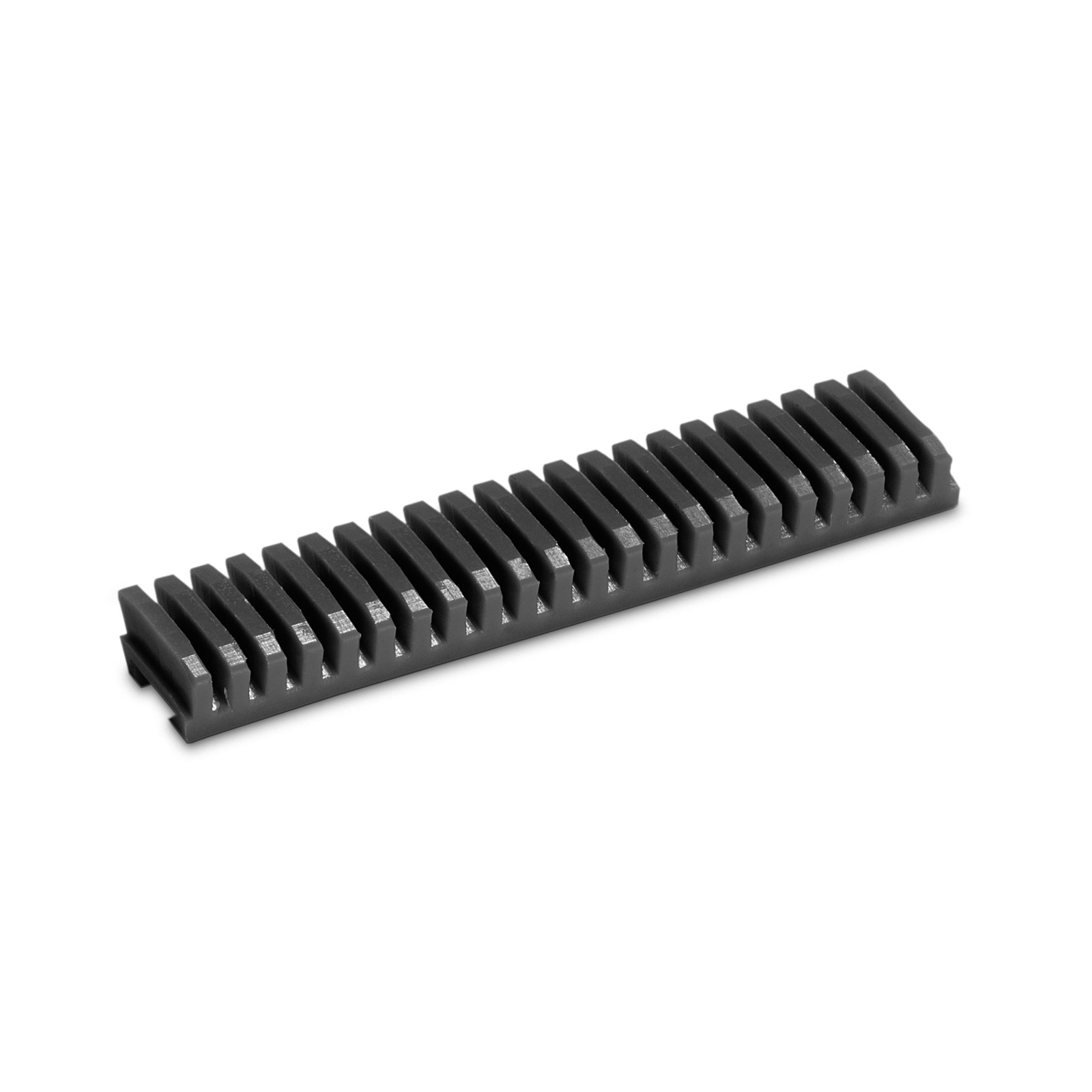 Black plastic comb-like rack with evenly spaced teeth, set against a white background.